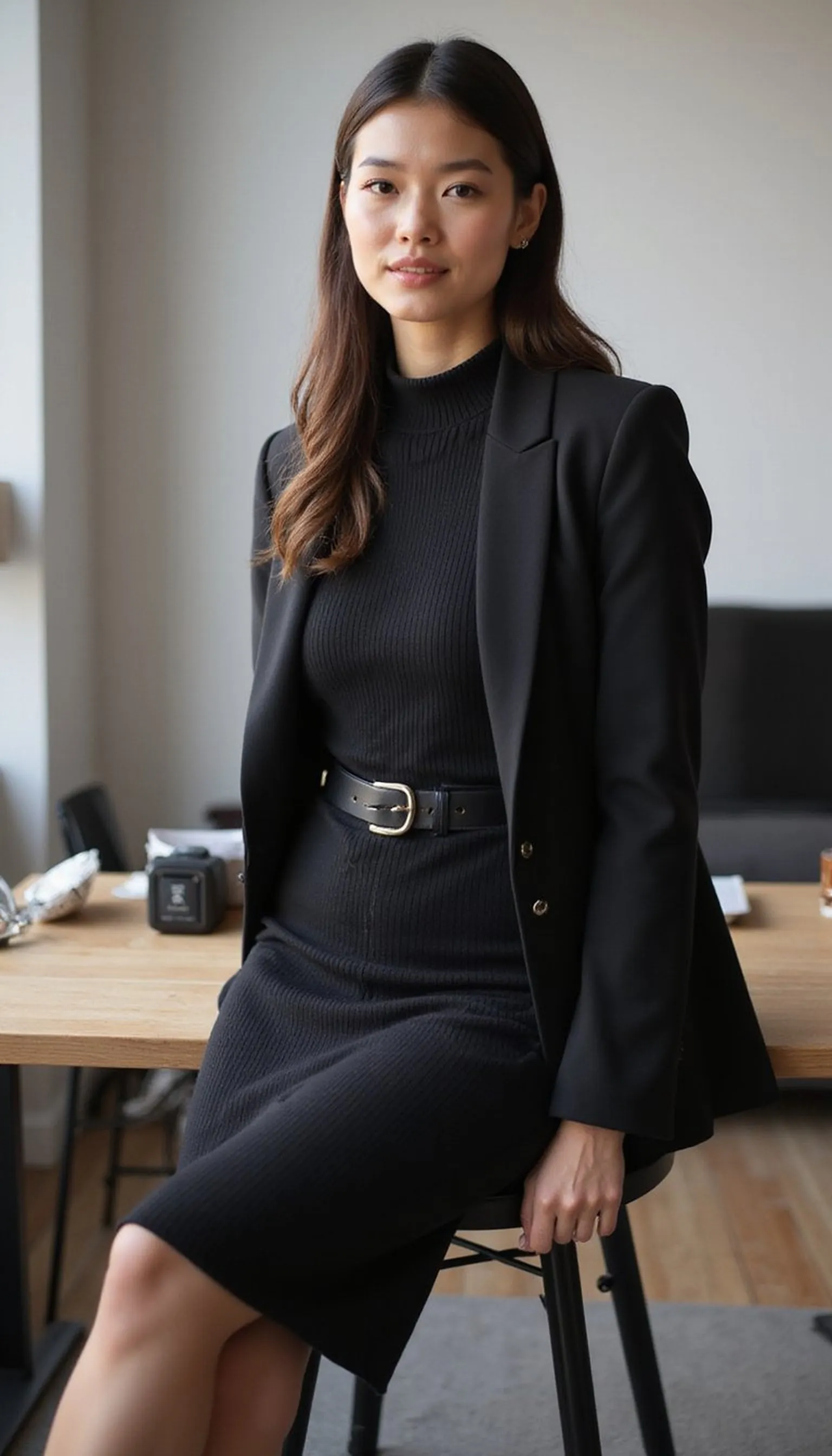 Monochrome knit dress with thin blazer for meetings