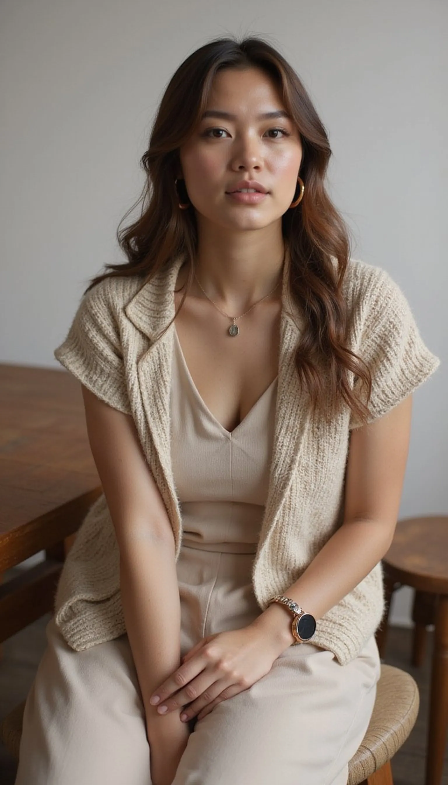 Neutral midi dress with statement knit vest