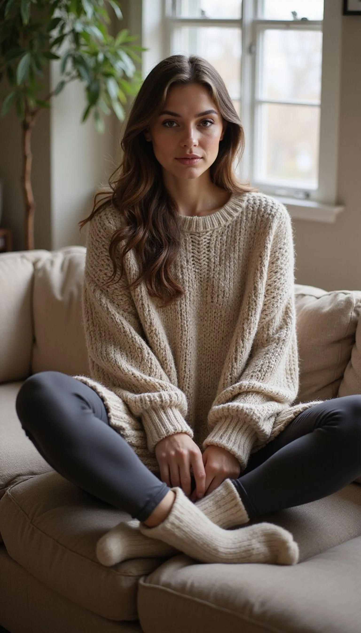 Oversized sweater with fitted leggings for balance