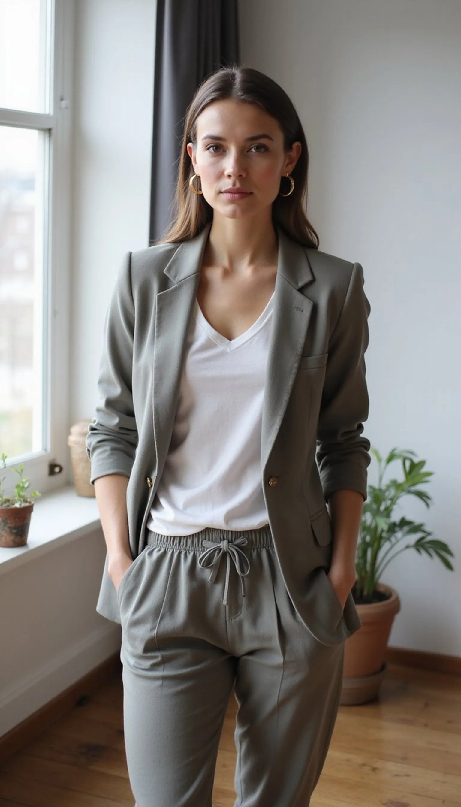 Polished top with relaxed joggers for calls