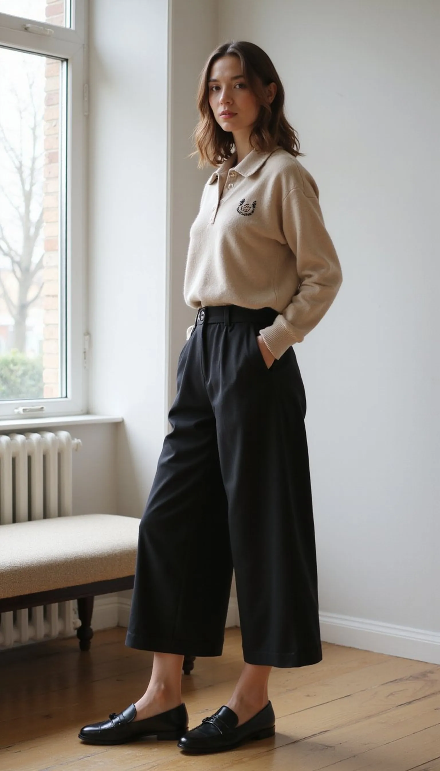 Polo sweater with culottes for easy movement