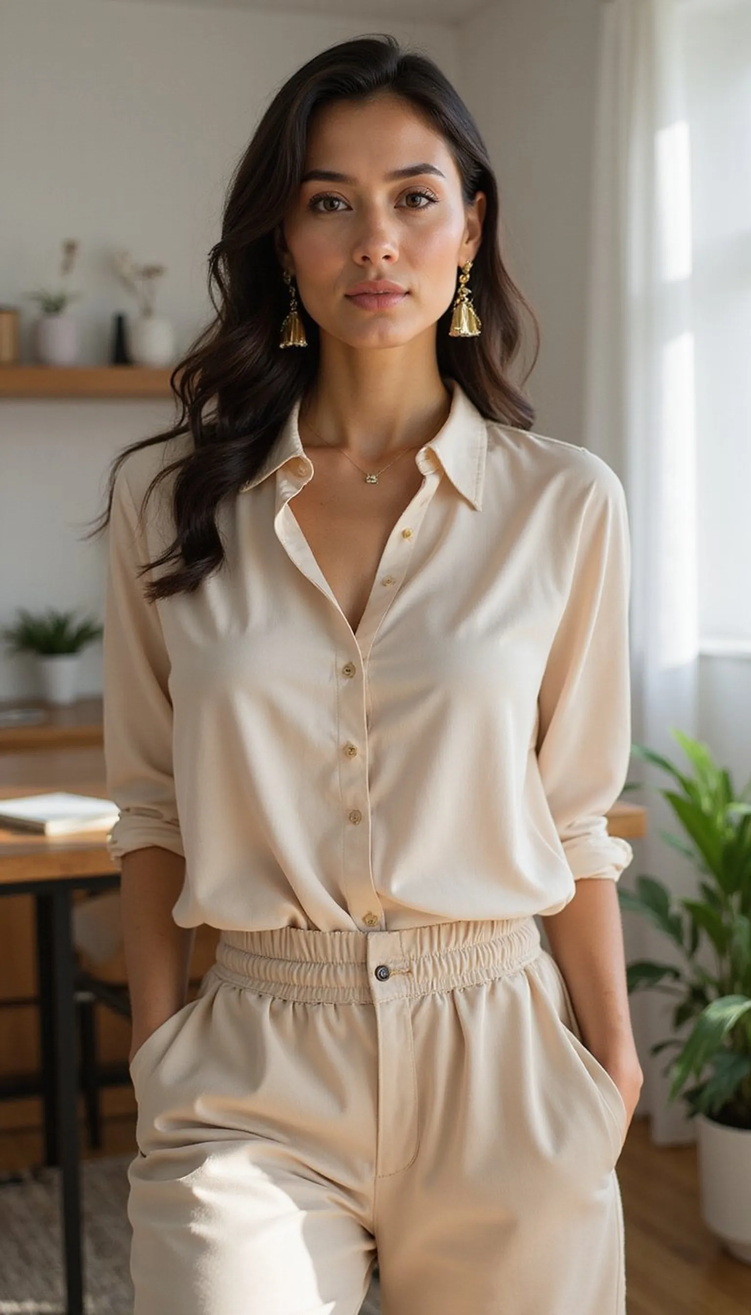 Silk blouse and elastic-waist trousers for ease