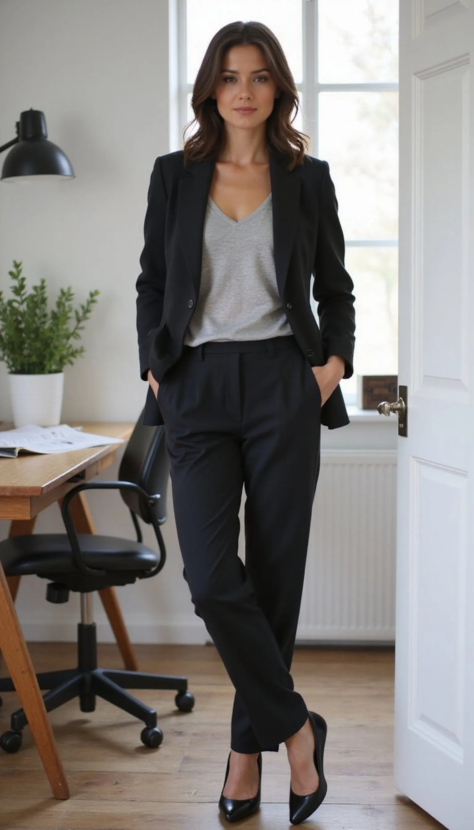 Soft blazer over a modal tee and straight pants