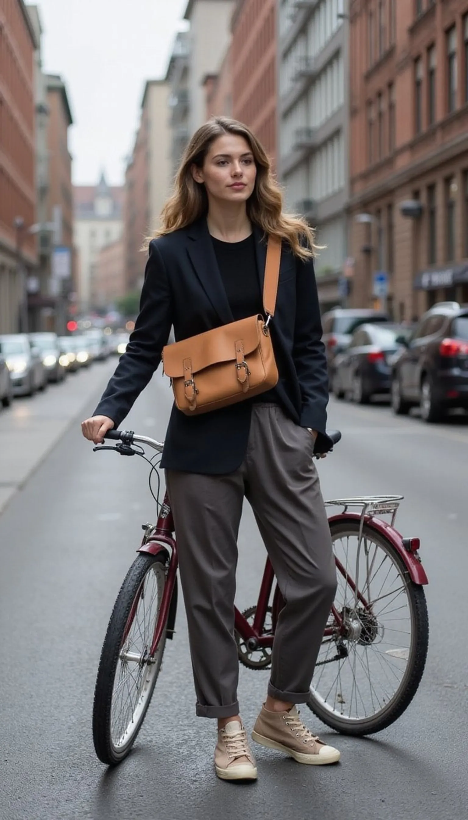 Casual blazer with high-top sneakers and trousers