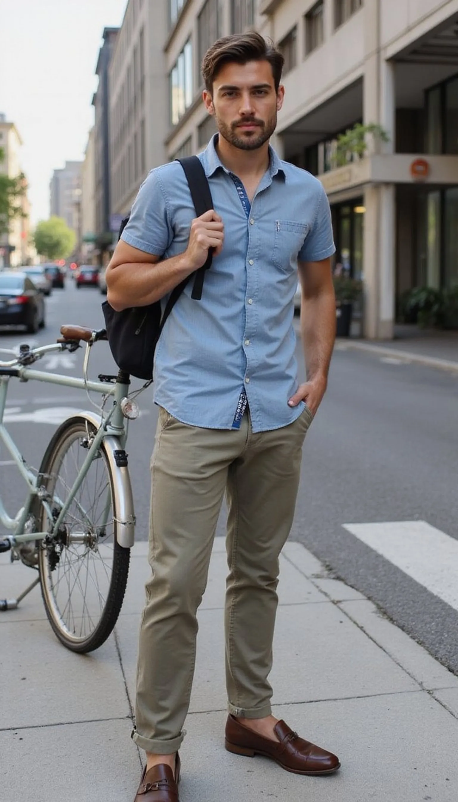 Crisp button-down with stretch chinos