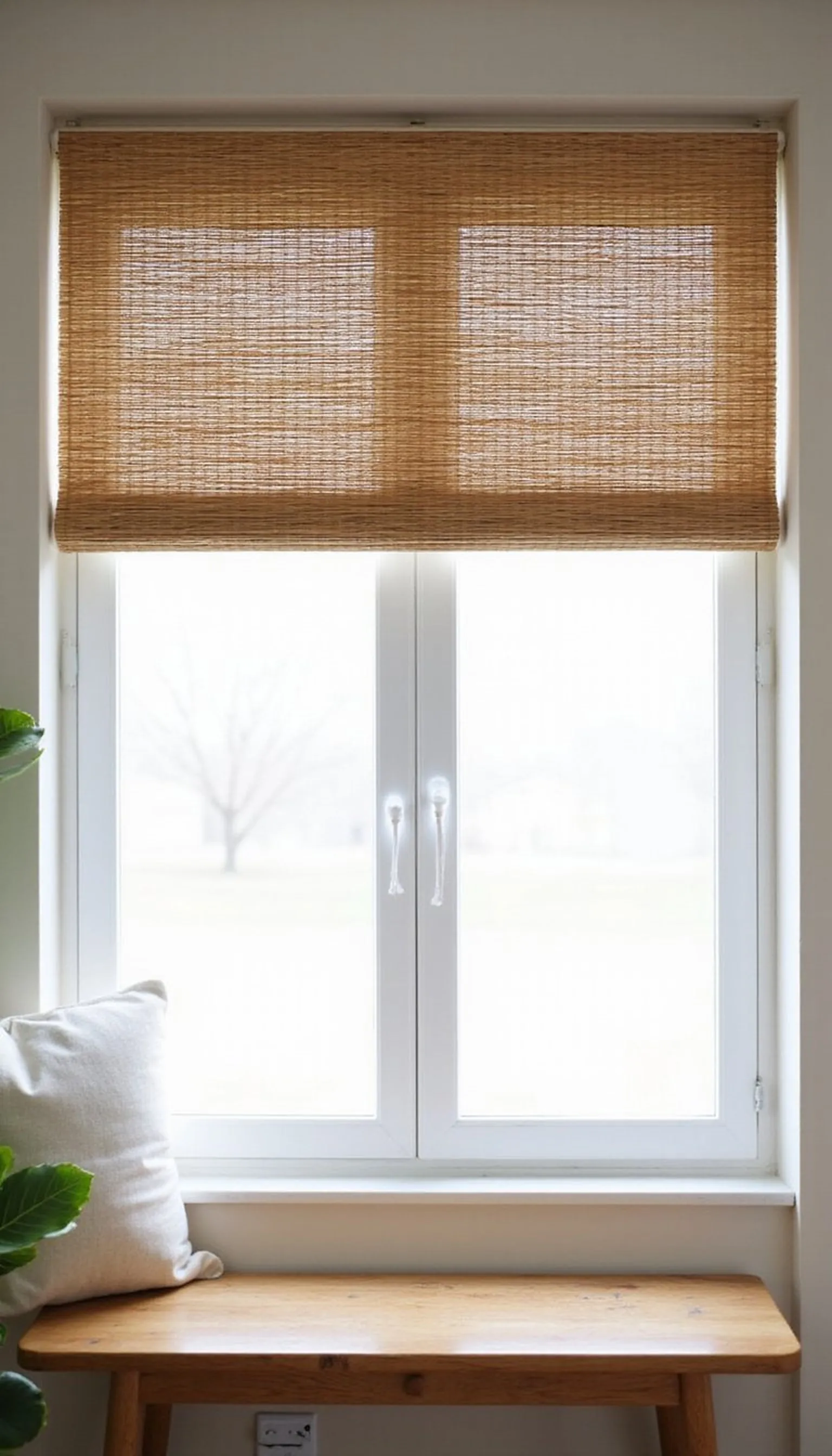 Bamboo roll-up shades hung with removable hooks