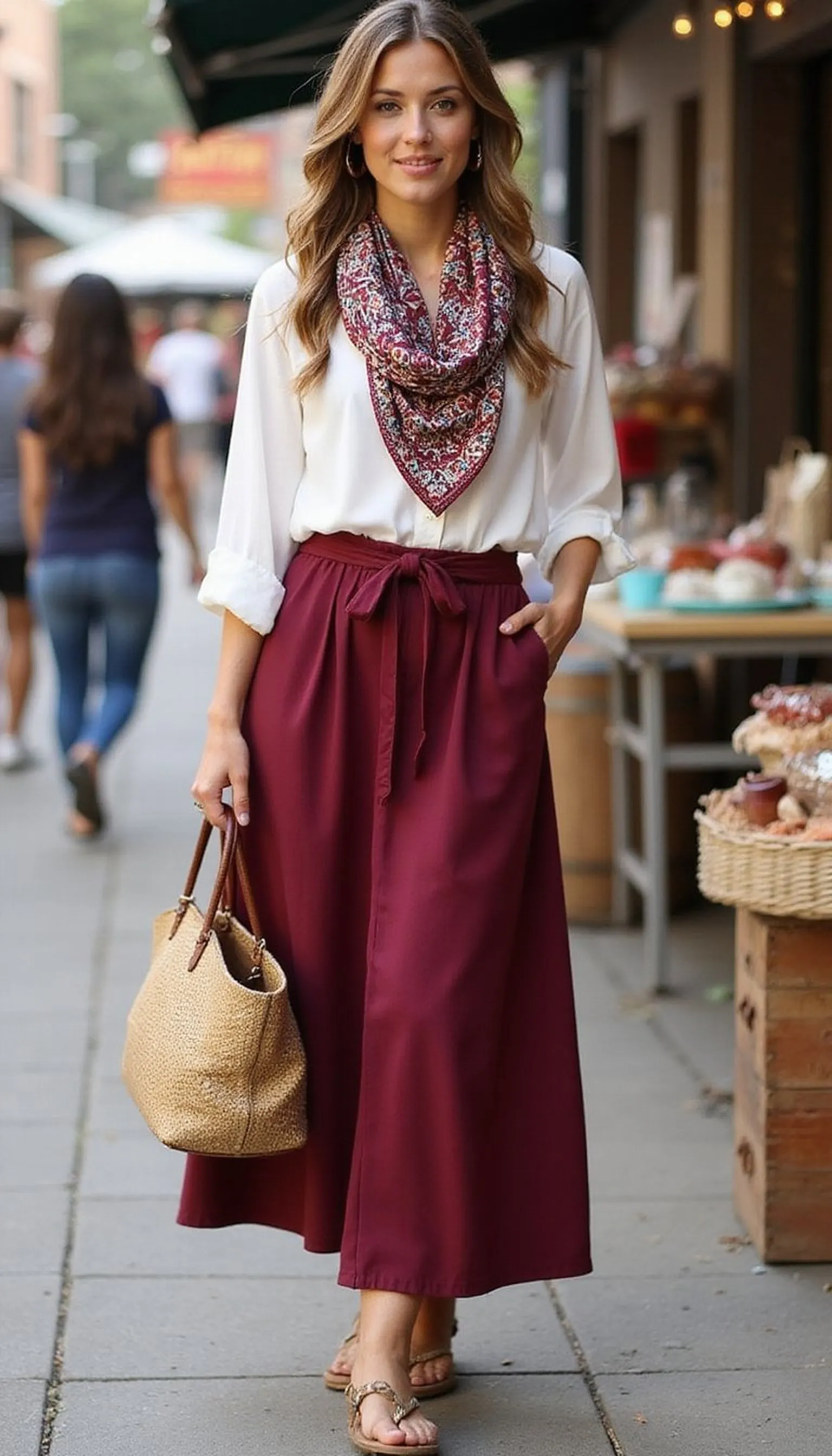 Boho Flair With Printed Scarf and Sandals