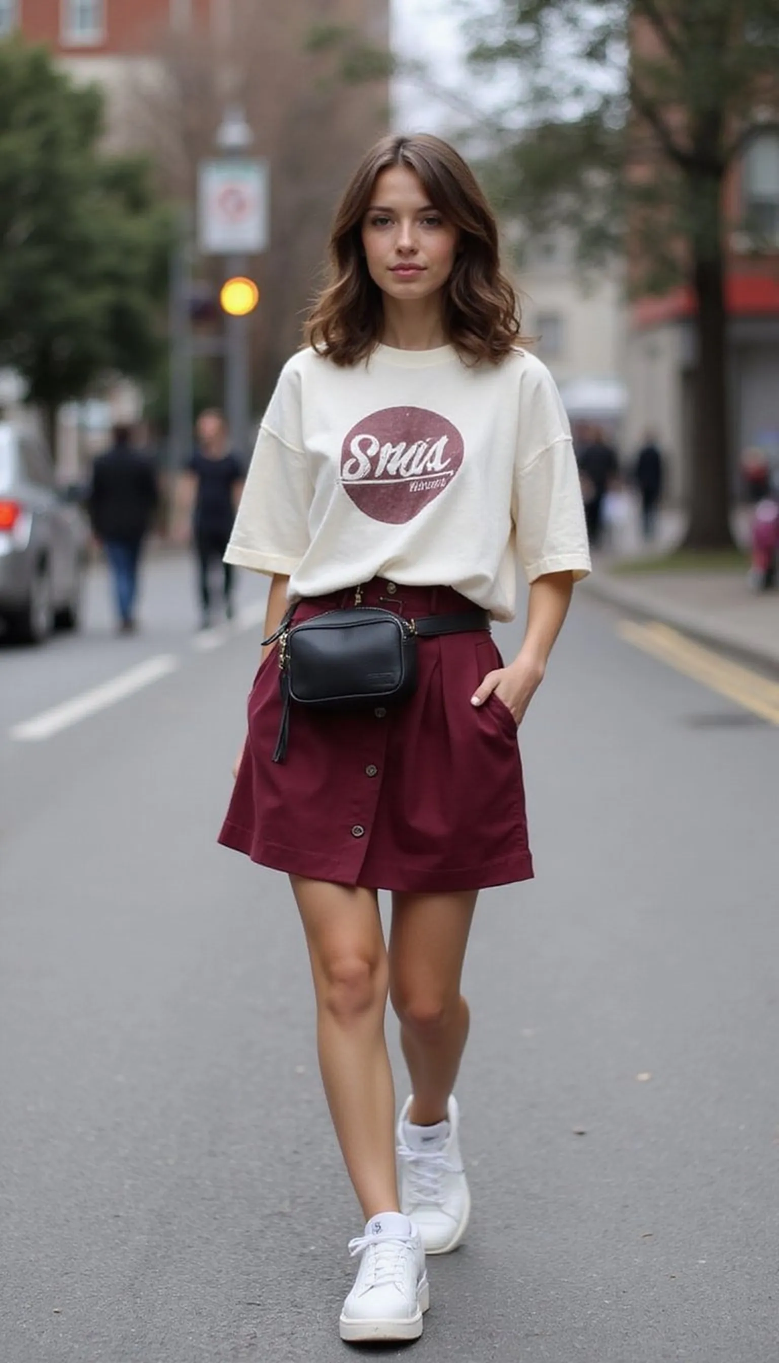 Street Style: Burgundy Mini With Oversized Tee