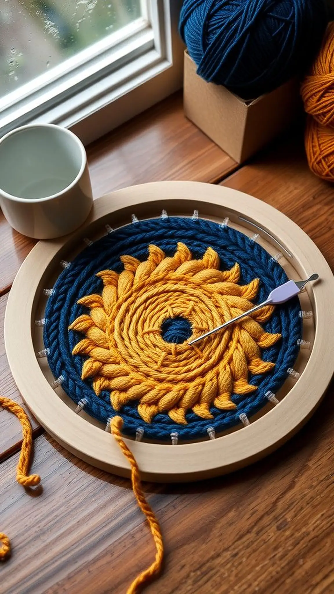 Cheerful circular coaster with sunburst motif