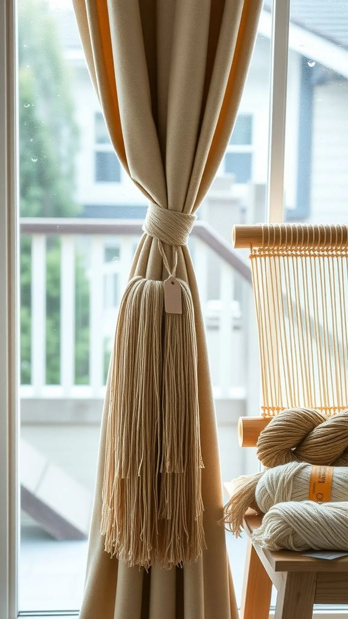 Fringed curtain tieback with boho flair