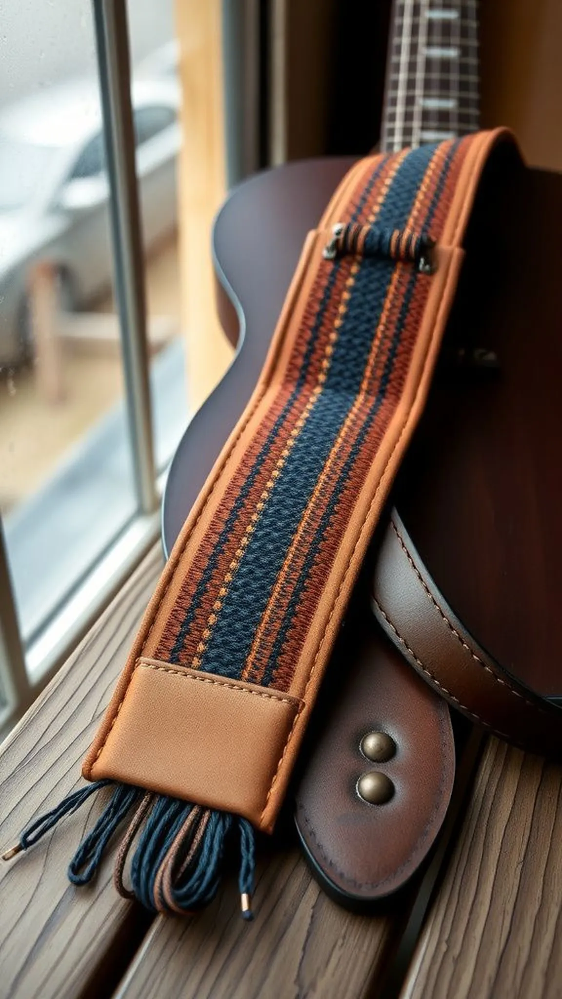 Narrow guitar strap accent with woven panel