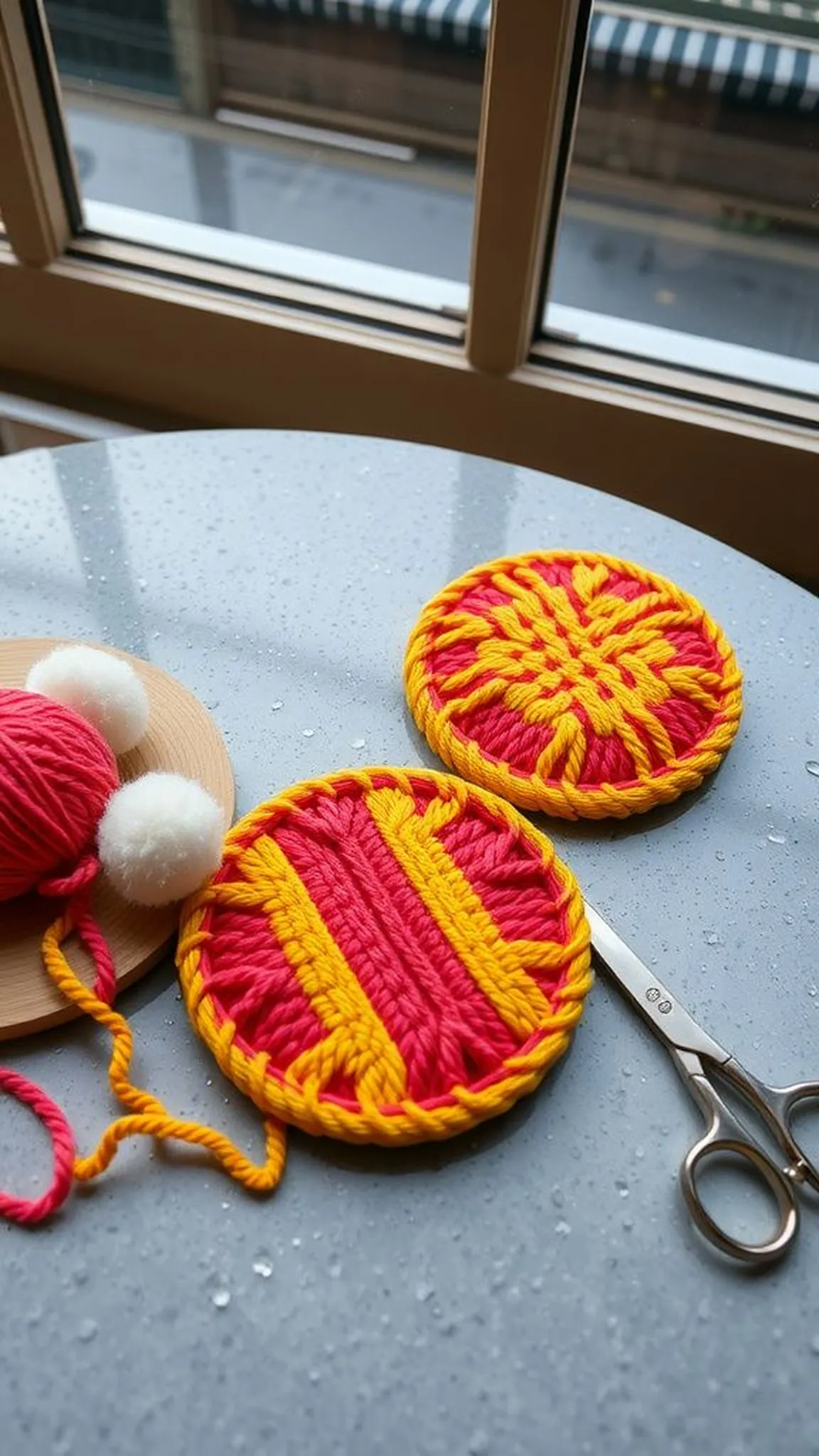 Playful pom-pom coaster duo for a rainy table