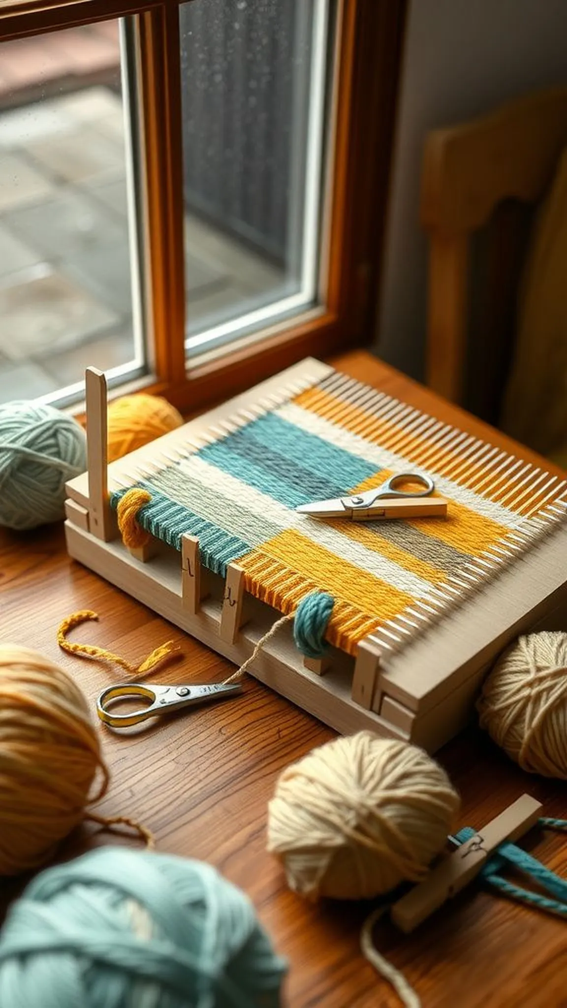 Striped mug rug on a small cardboard loom