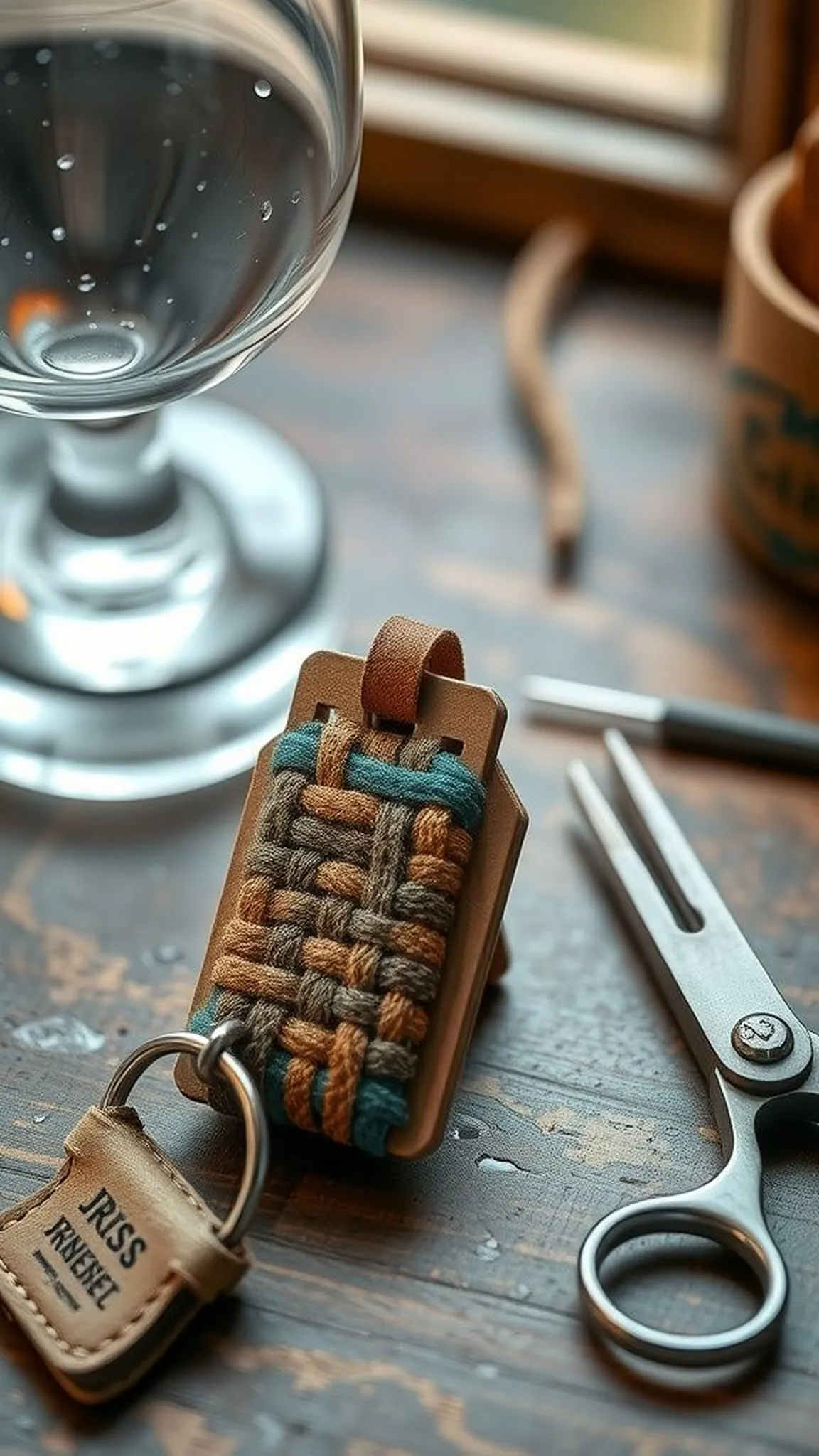 Textured key fob with leather loop and fringe