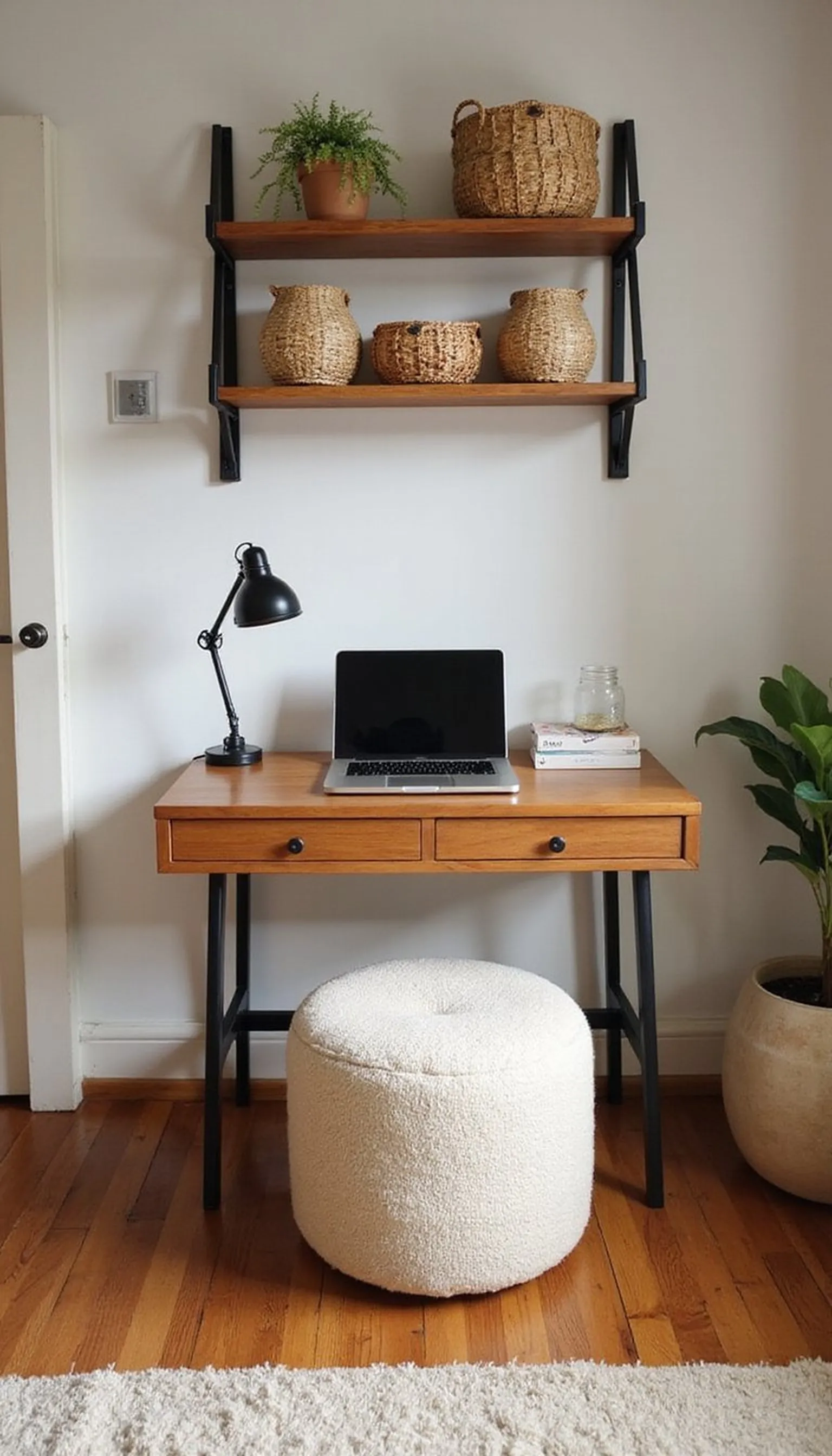 Boho closet office with rattan and warm textures