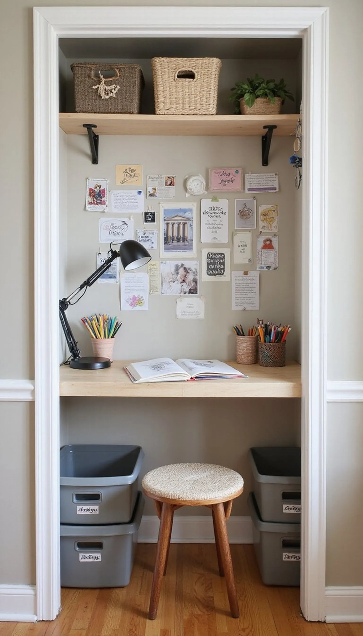 Closet office for creatives with portable inspiration wall