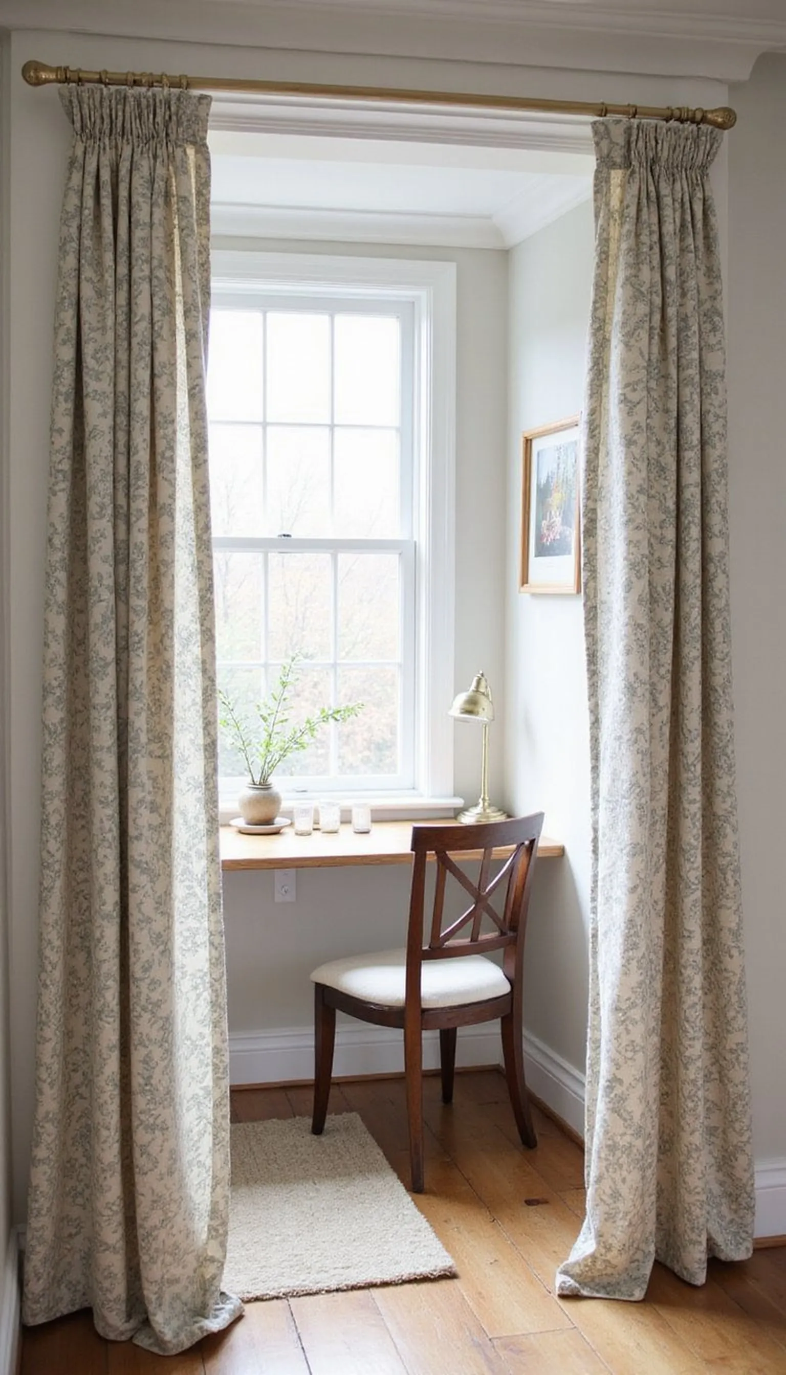 Closet office with a curtain that doubles as mood wall