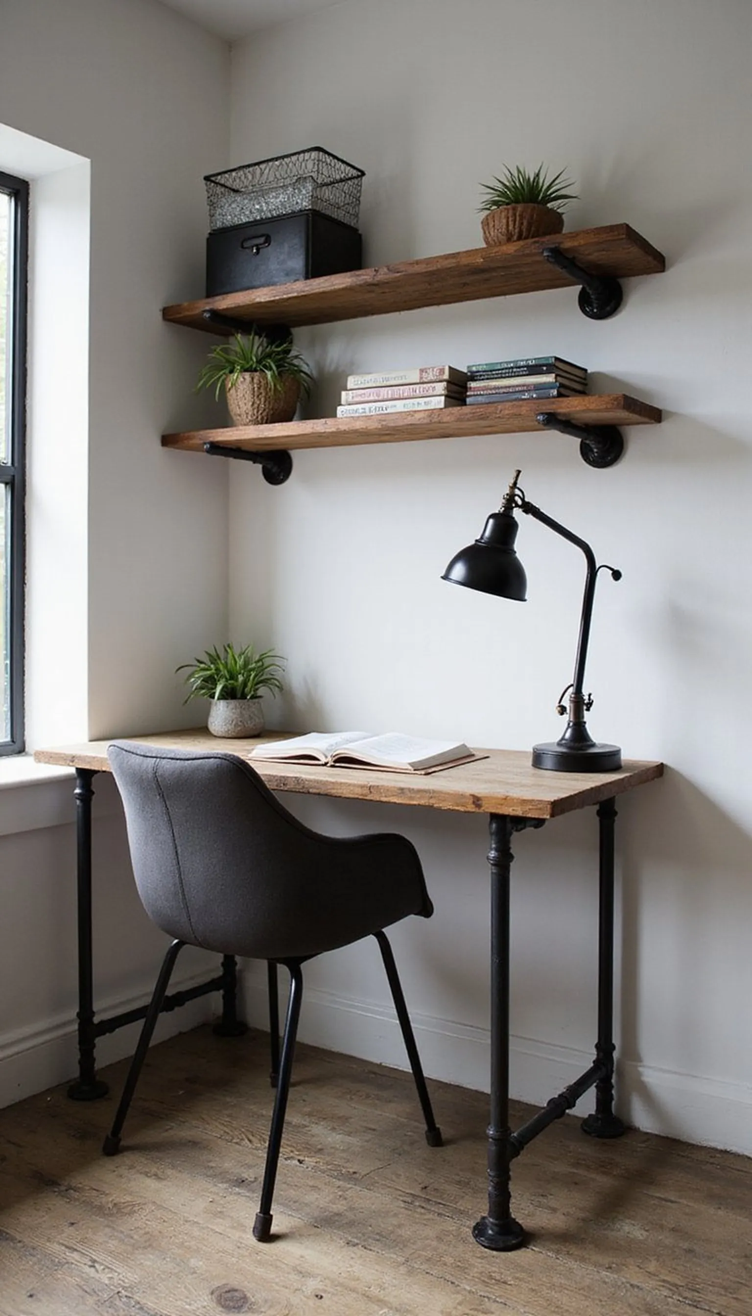 Industrial loft look with pipe shelving and lamp