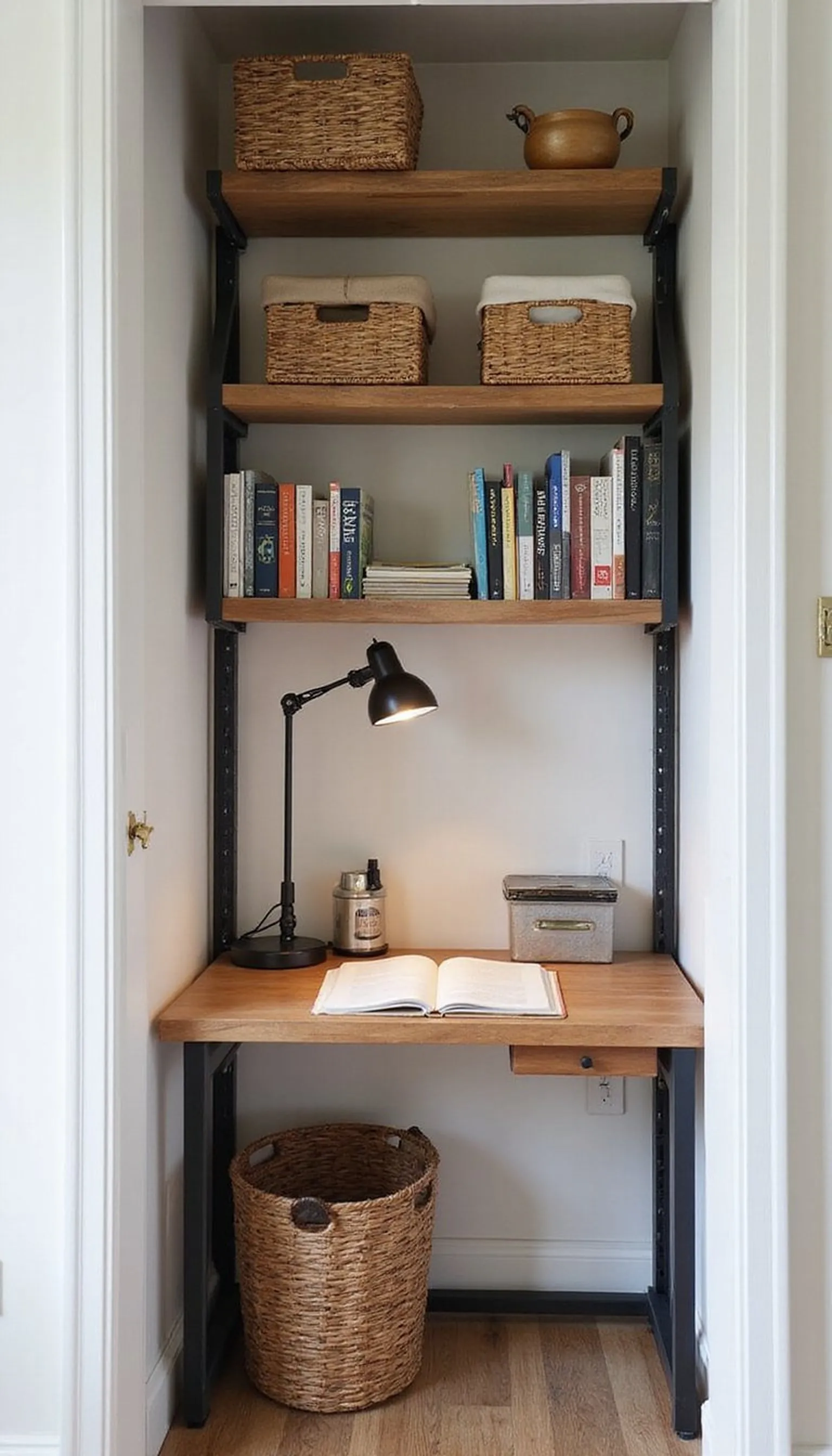 Tiny library office with temporary shelving