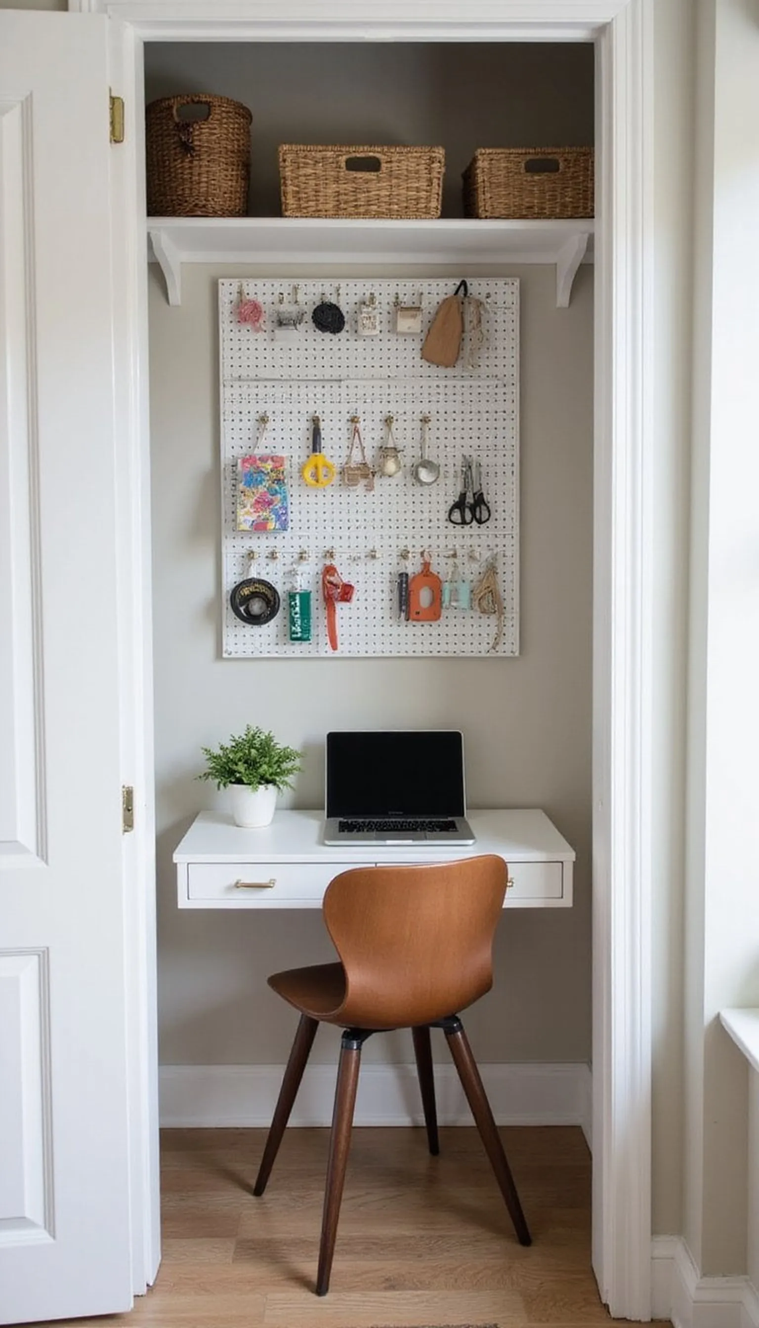 Use a pegboard with removable hooks and baskets