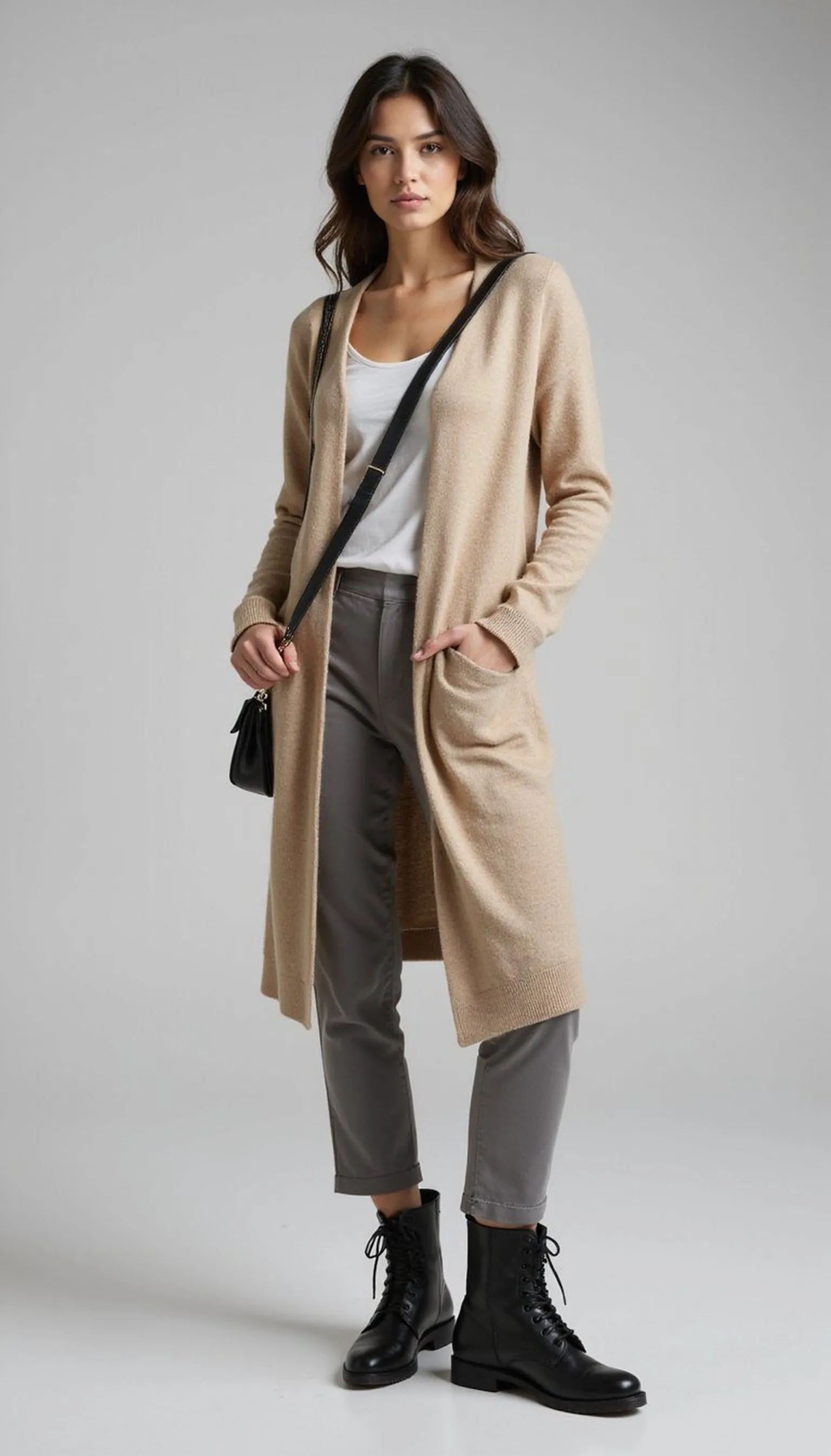 Cardigan and tapered trousers for soft tailoring