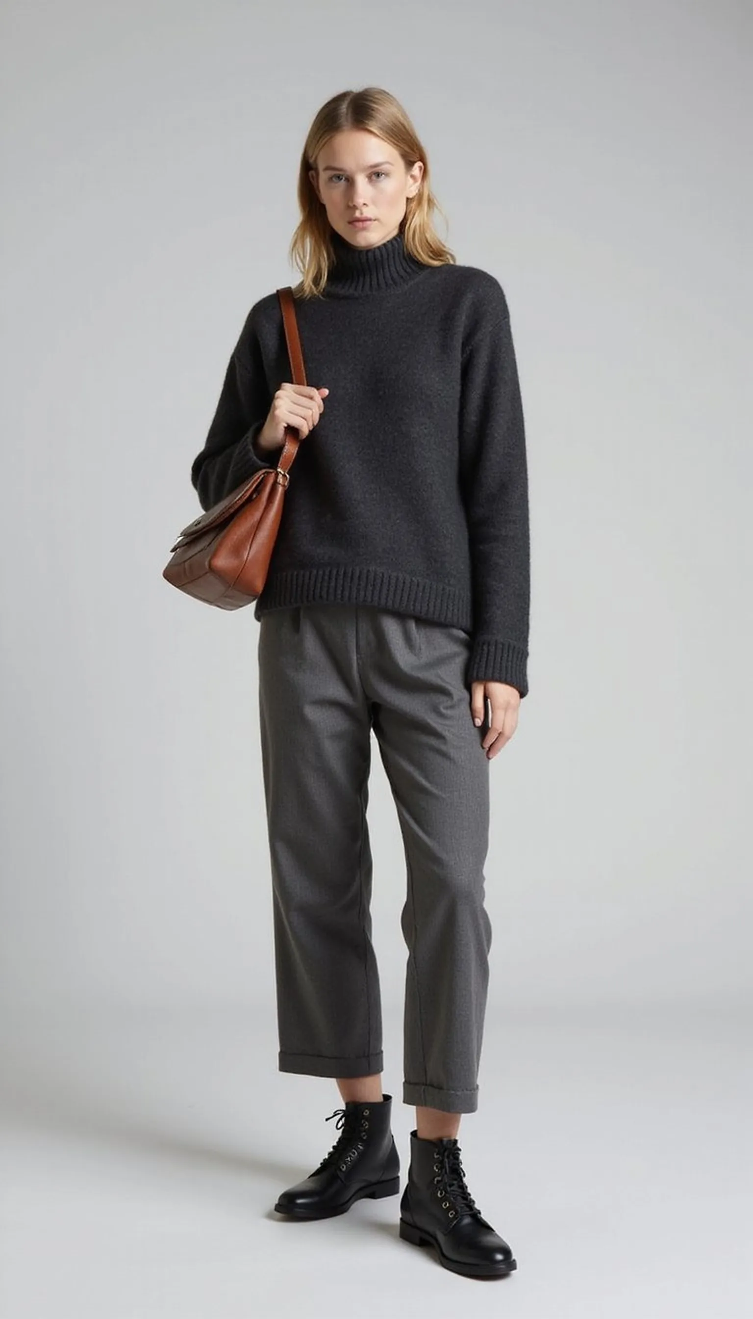 Monochrome neutrals with combat boots for minimal workwear