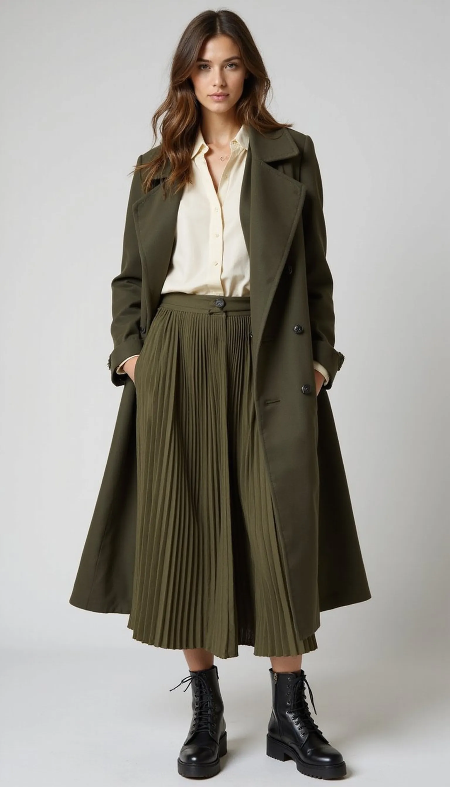Pleated midi skirt with combat boots — office-ready texture