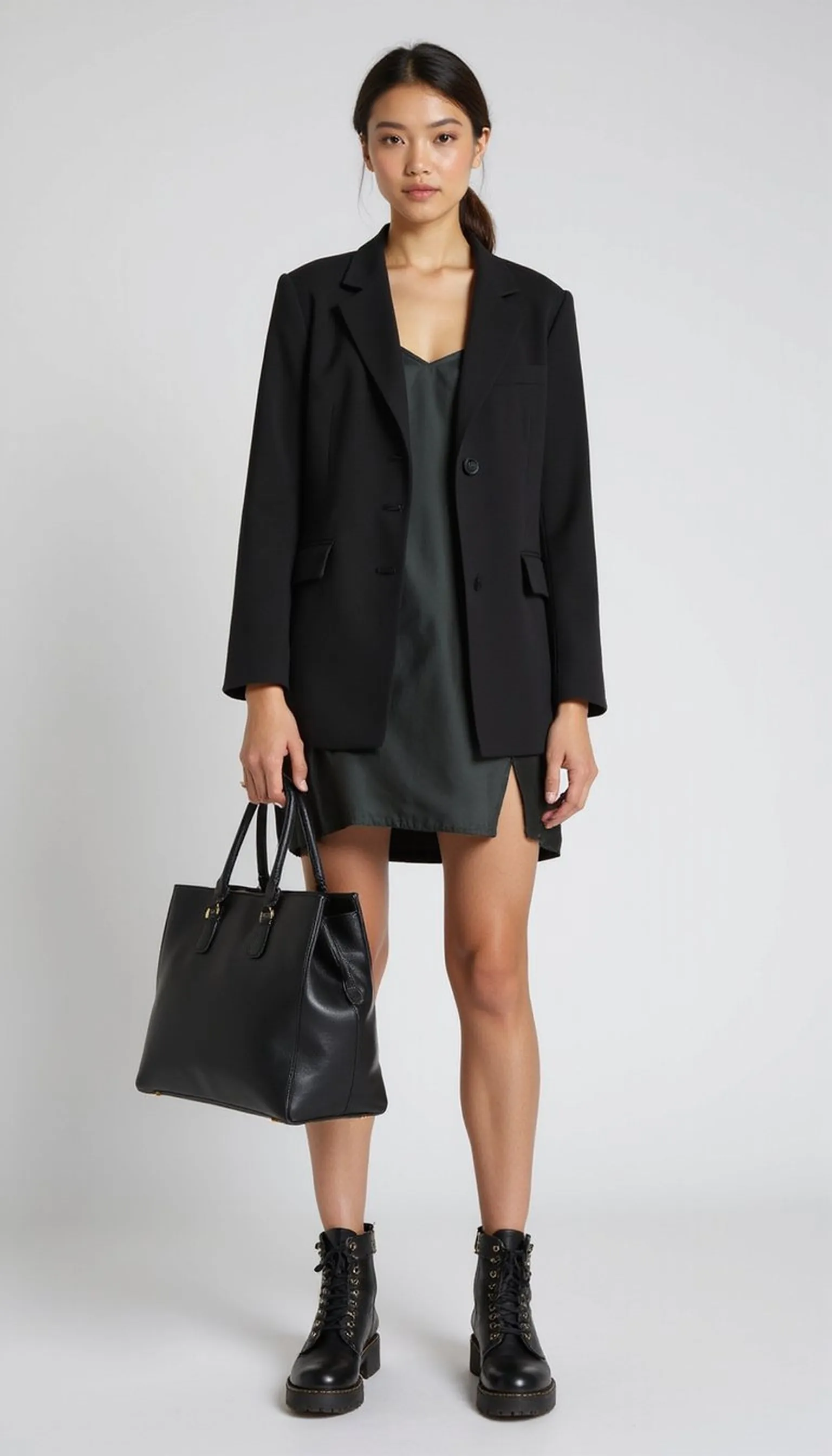 Slip dress under blazer: edgy but office-ready