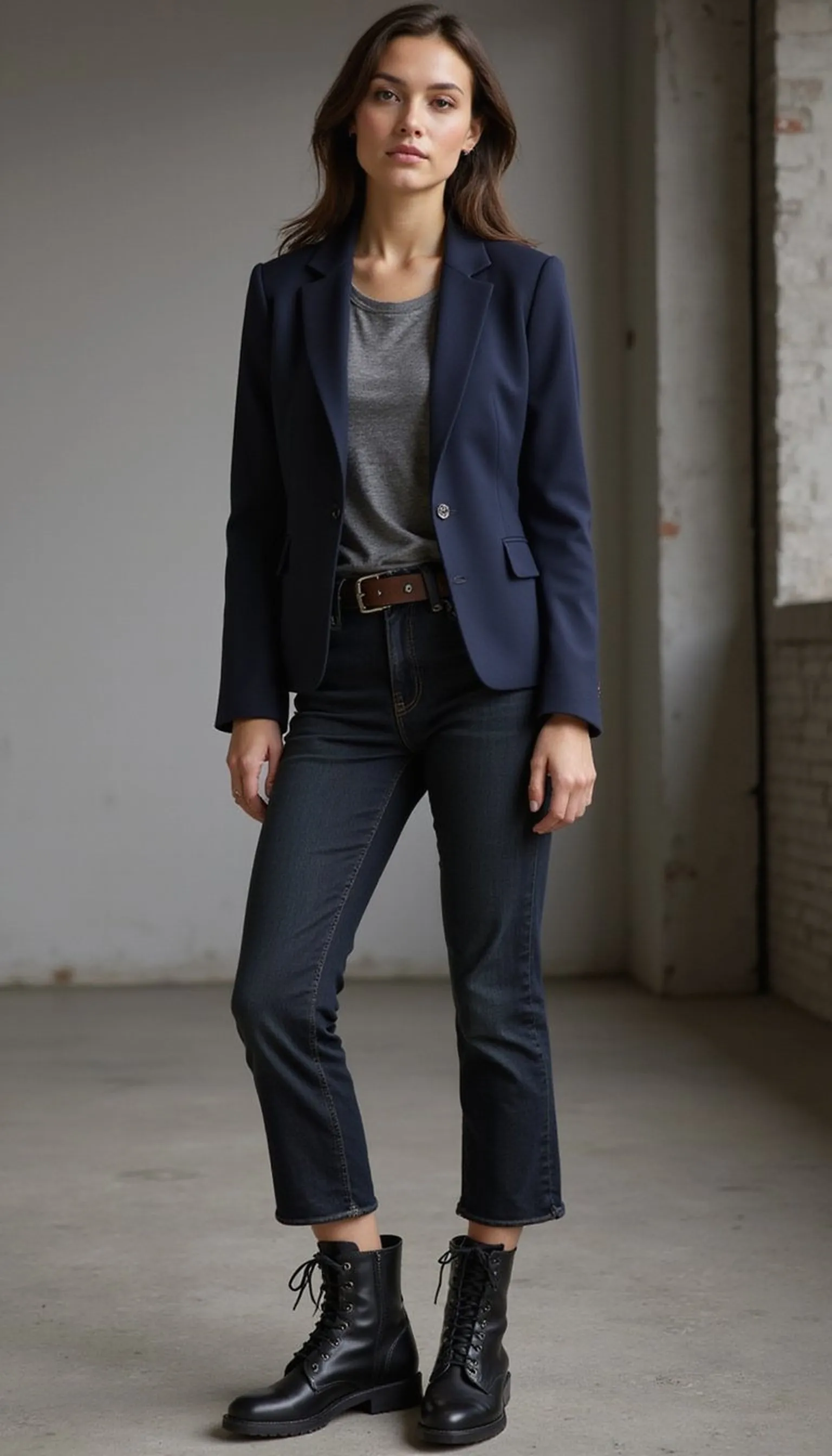 Smart-casual Friday: jeans, blazer, combat boots