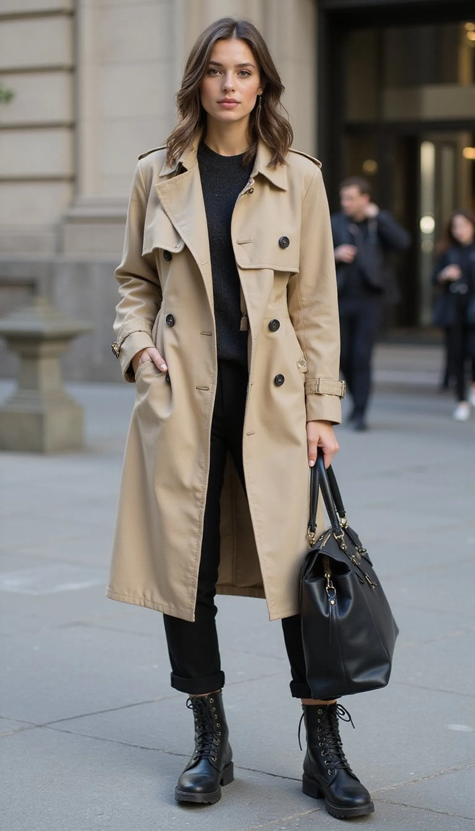 Trench coat layering with combat boots for commute days