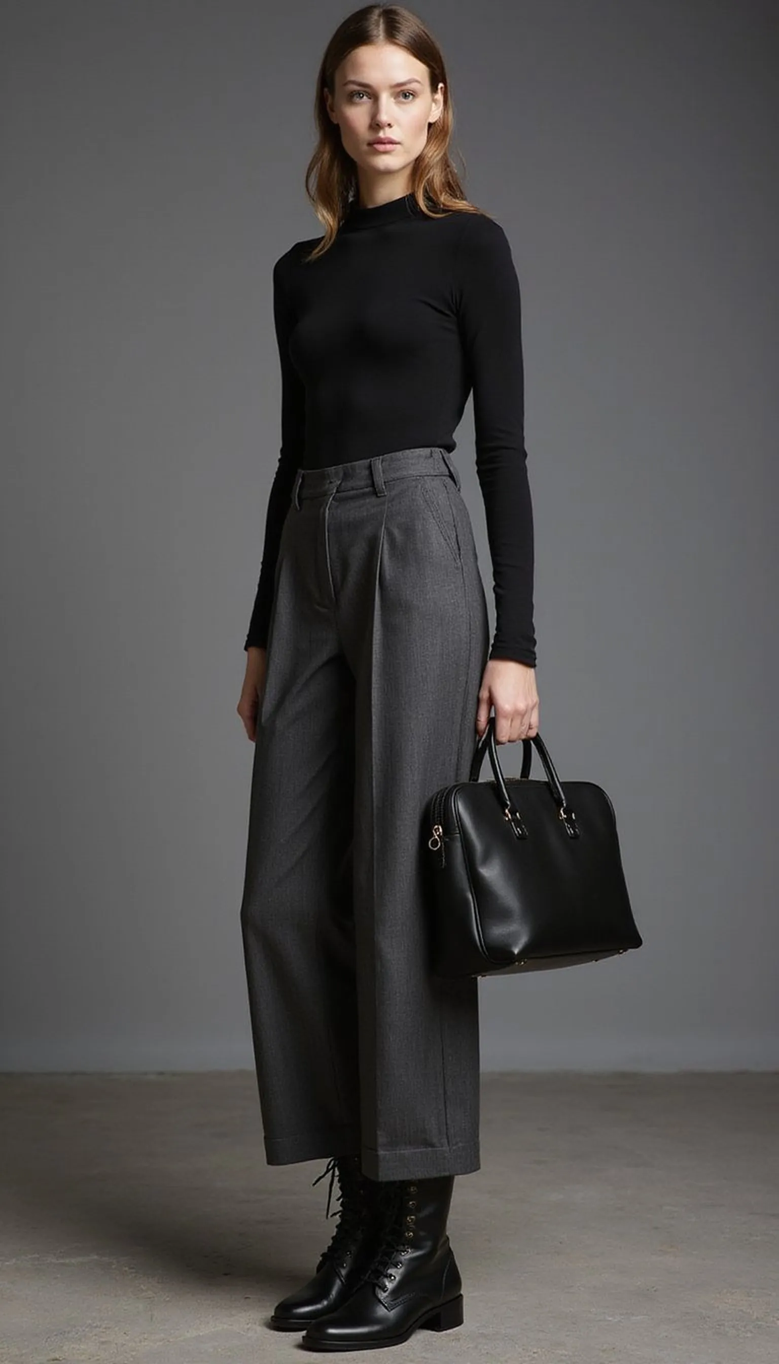 Wide-leg trousers with combat boots — bold and balanced