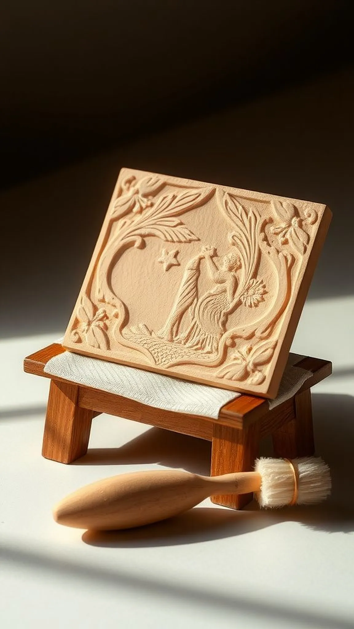 Raised-relief house tile with padded bench support