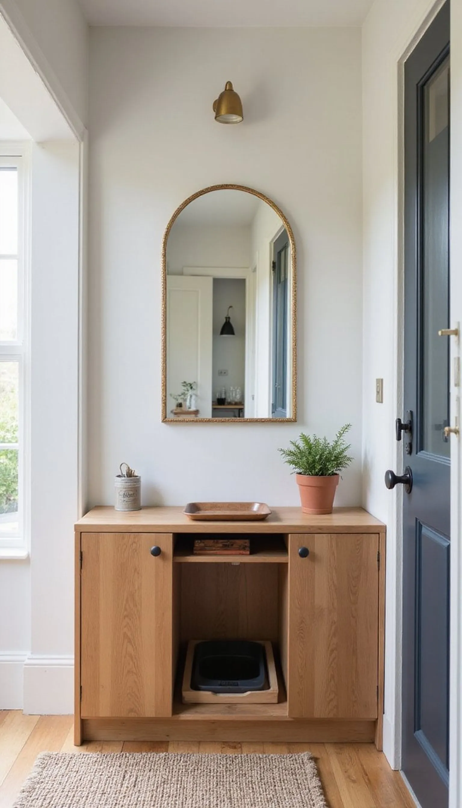 Entryway credenza with sliding pet door panel