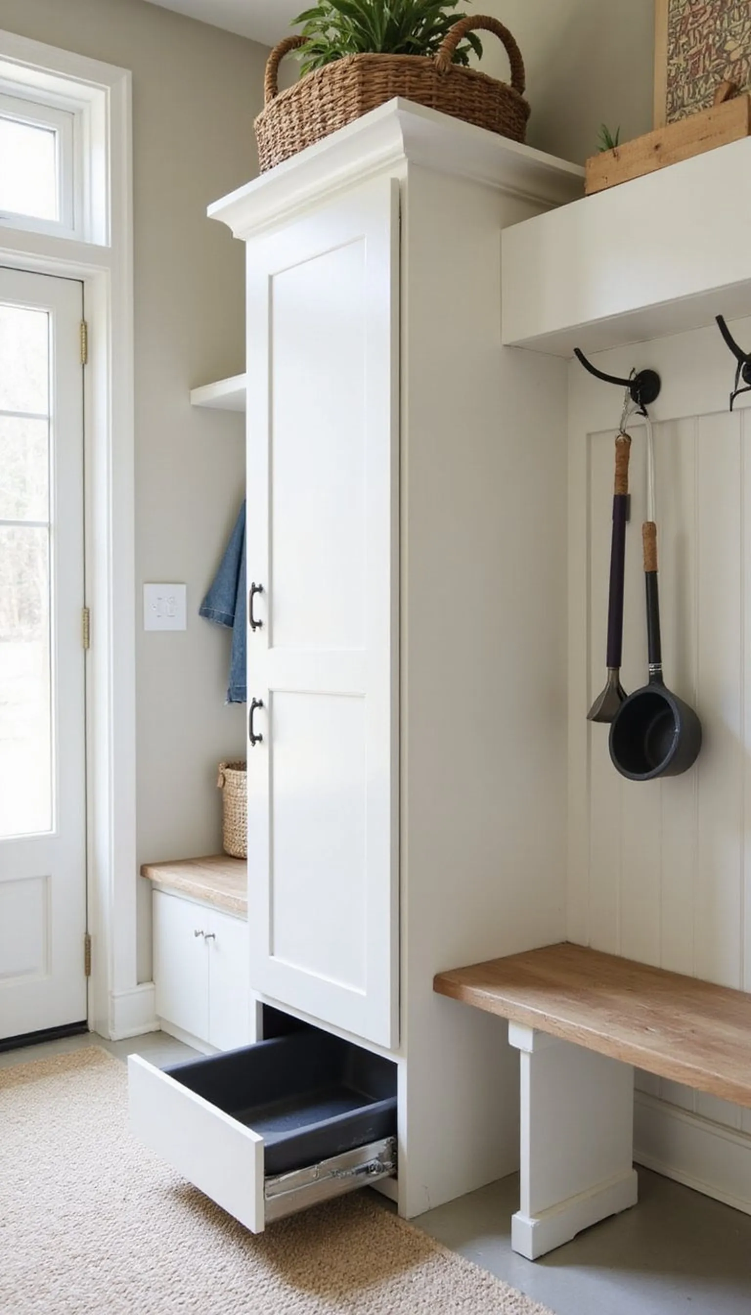 Mudroom cabinet with odor-control drawer and shelf