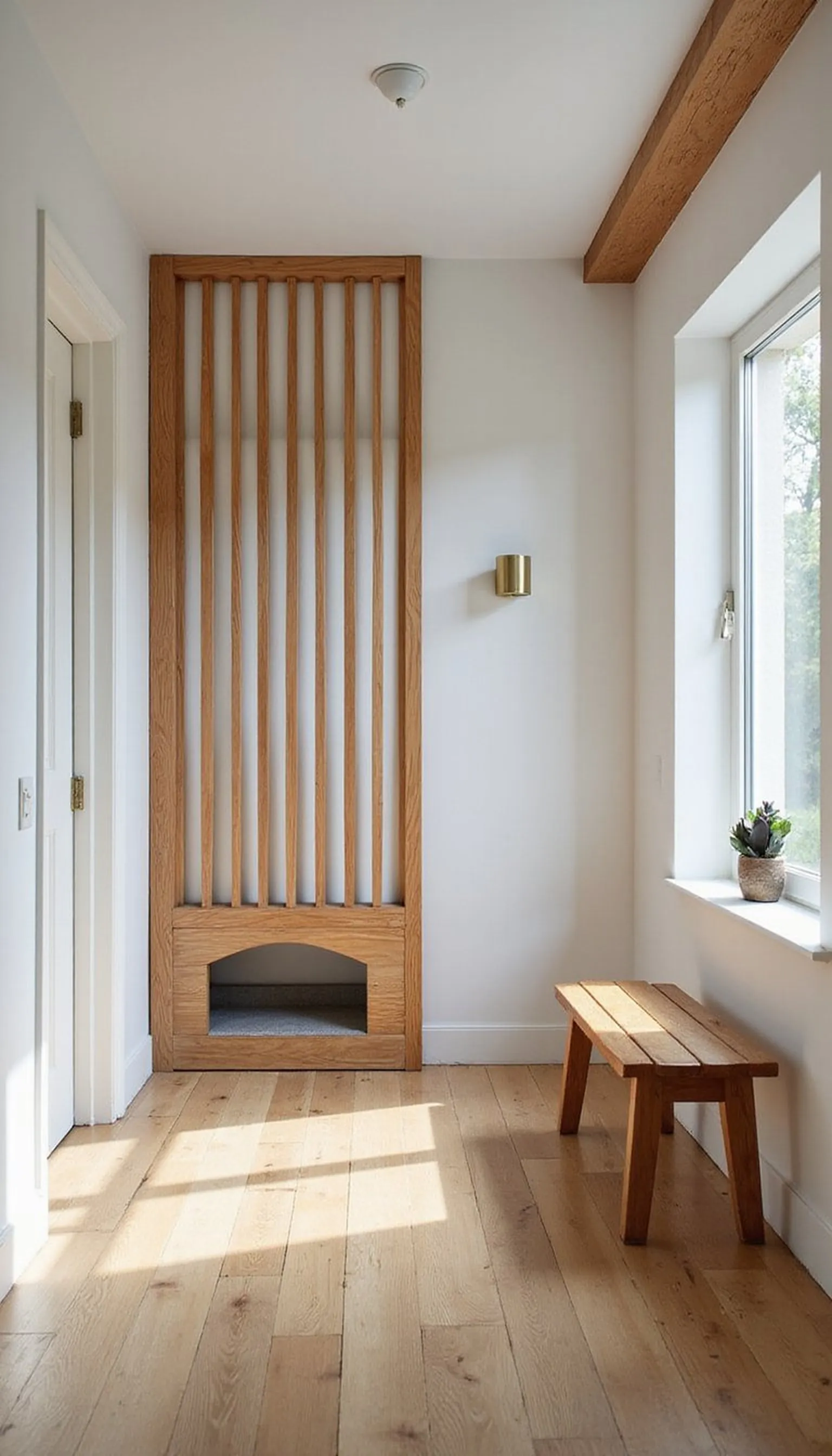 Room divider hides litter behind slatted screen