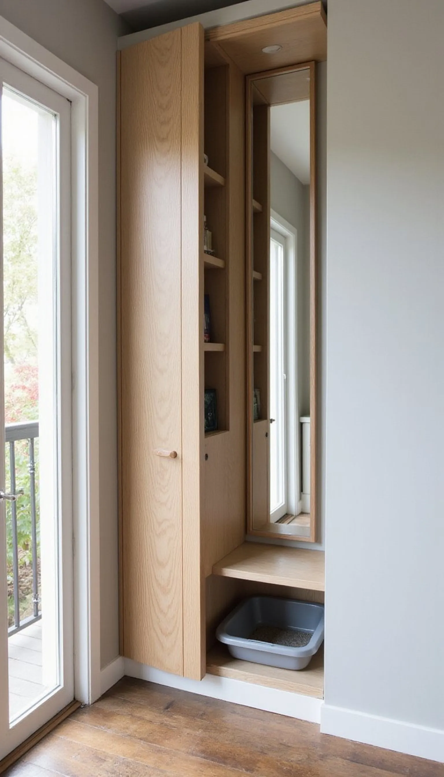Sliding panel hides litter niche behind mirror