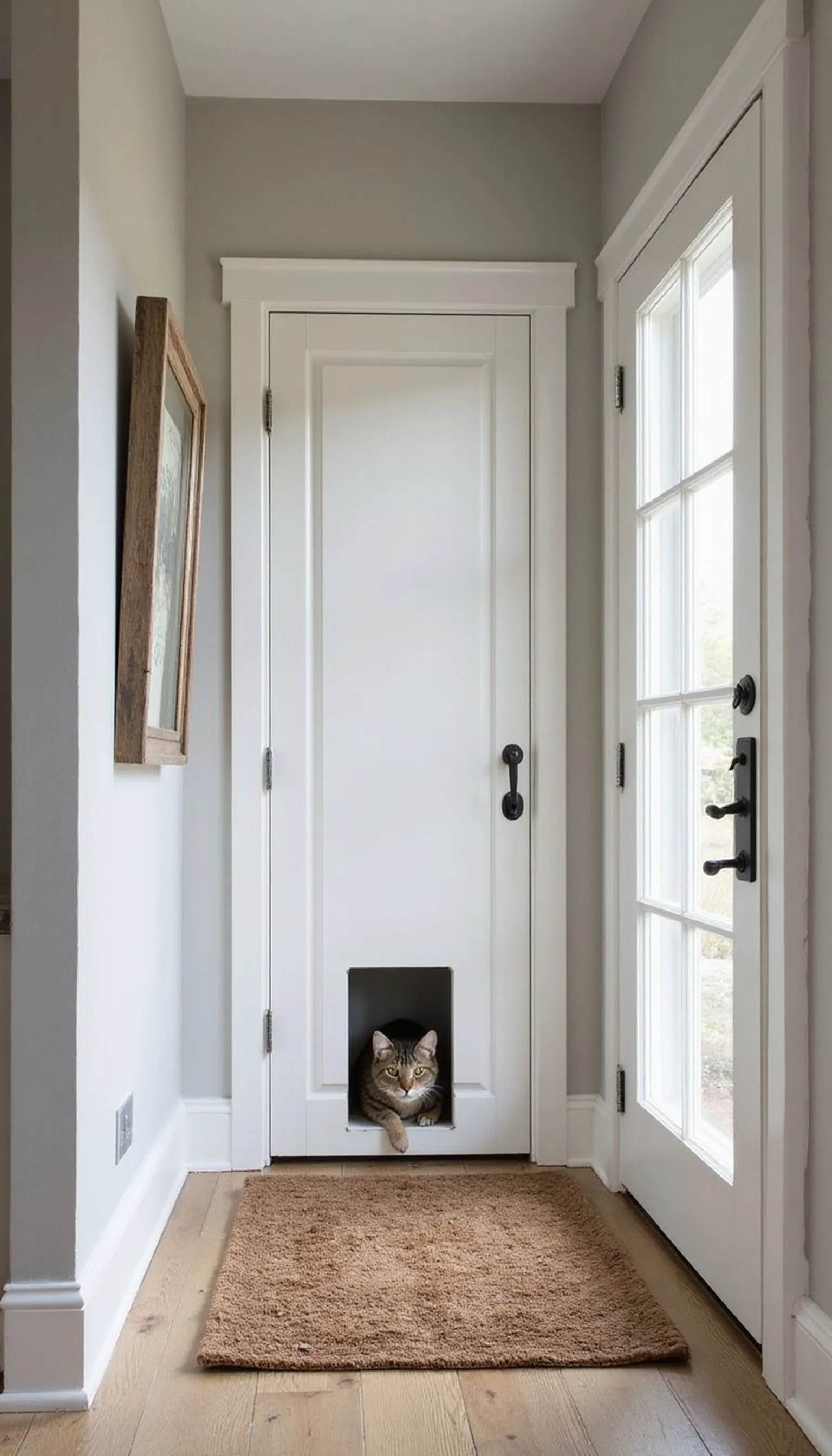 Tall locker with cat cutout door and mat