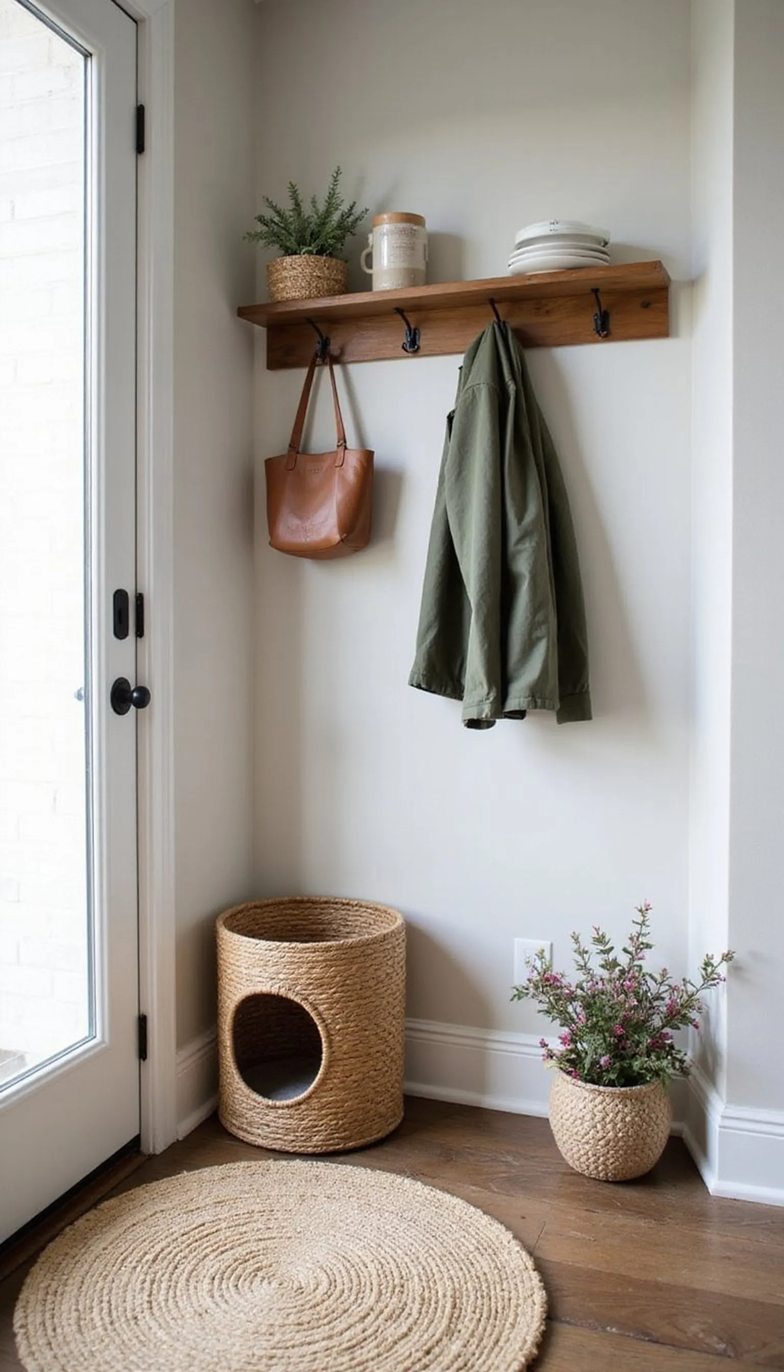 Woven basket enclosure under coat rack
