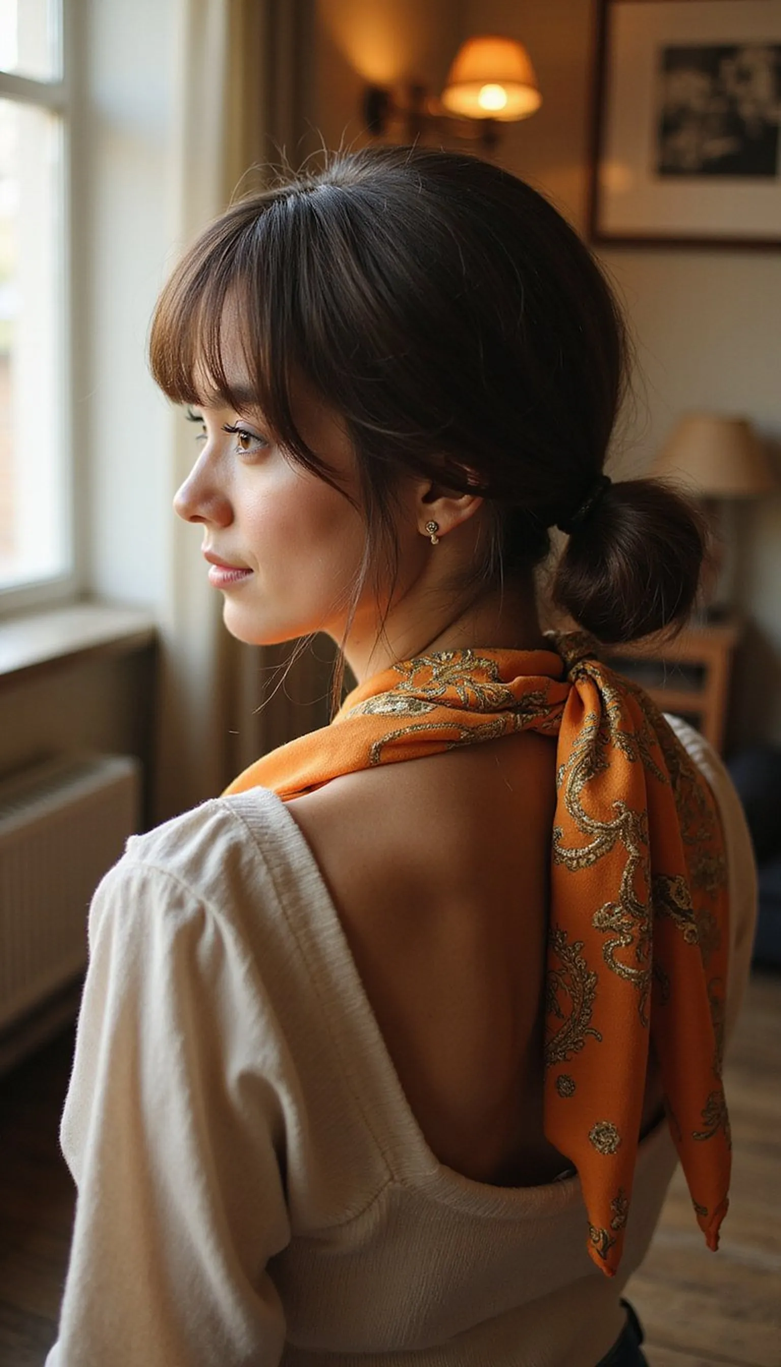 Scarf-Wrapped Low Pony With Knotted Front