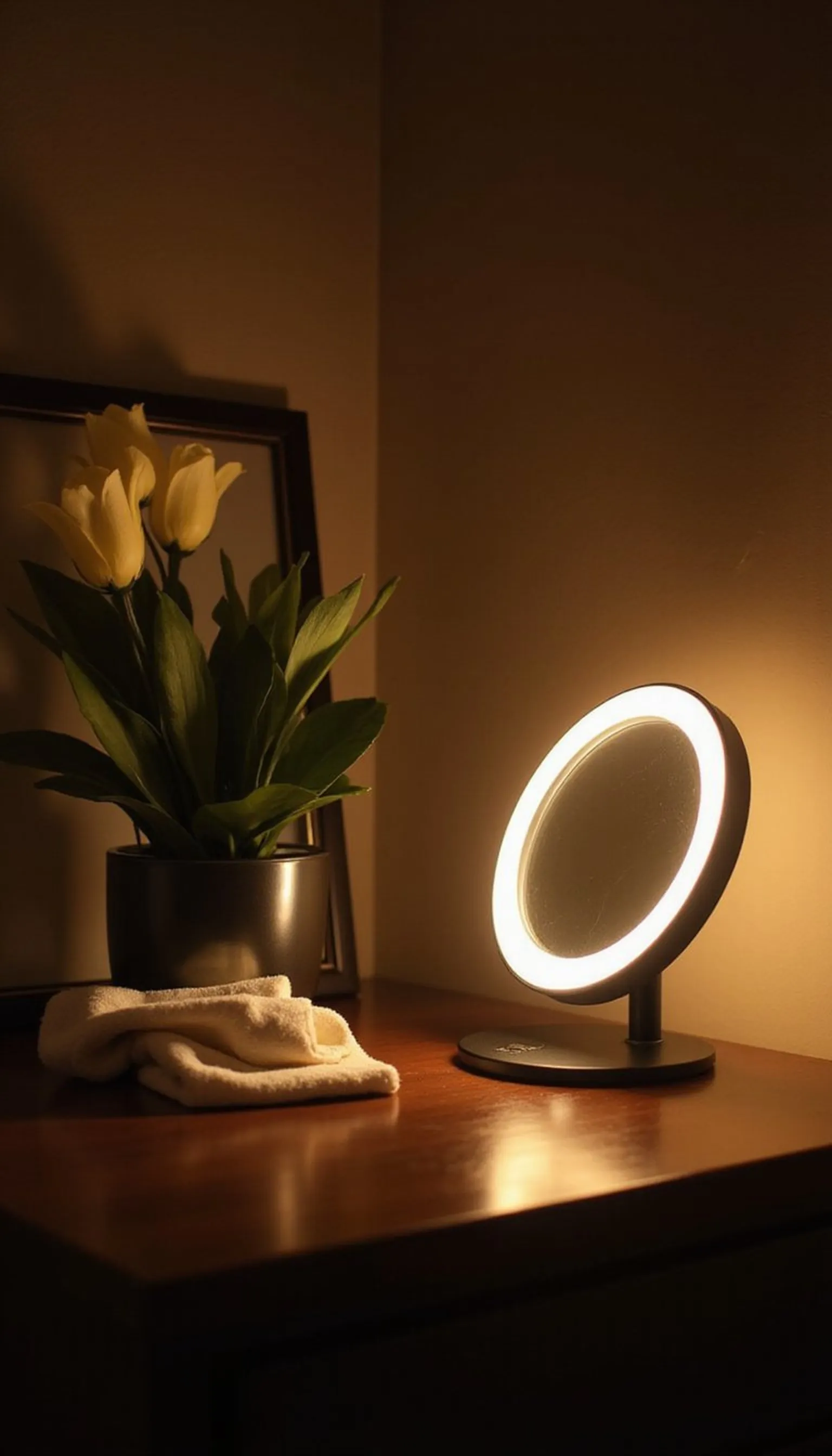 Foldable travel mirror with soft light