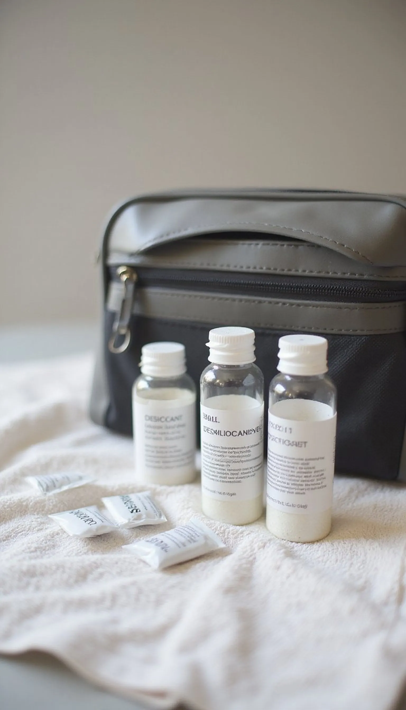 Refillable travel vials with desiccant packs