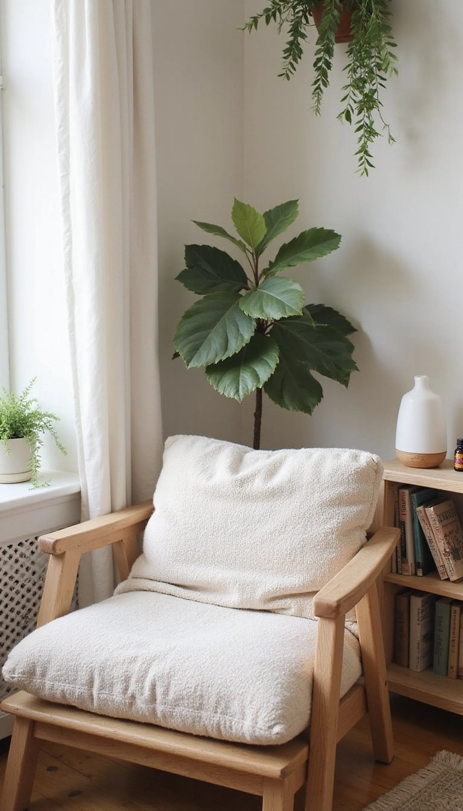 Soothing Plants and a Cozy Seat Near Shelves