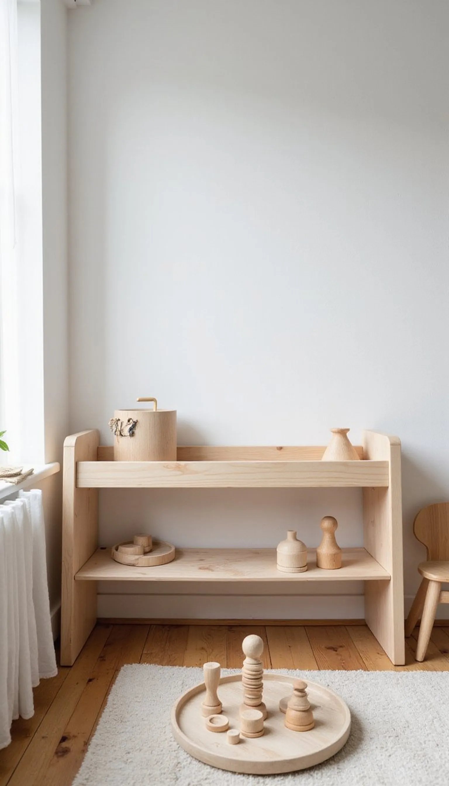 Montessori low shelf and invitation to explore