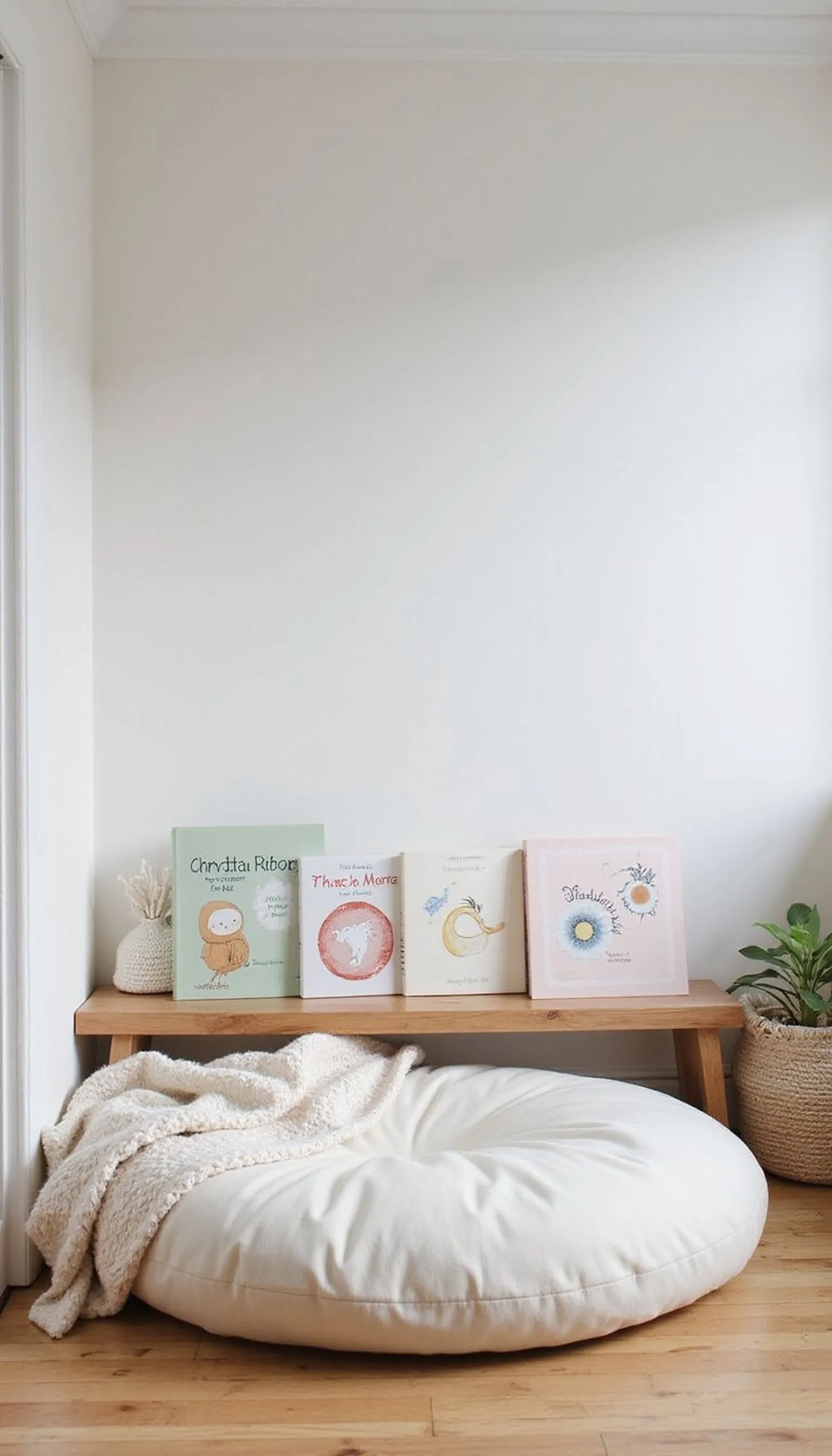 Reading nook with floor cushions and low shelf