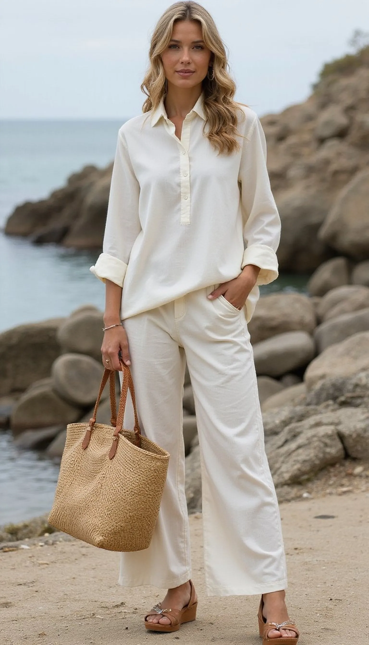 High-neck tunic with palazzo pants for full modesty