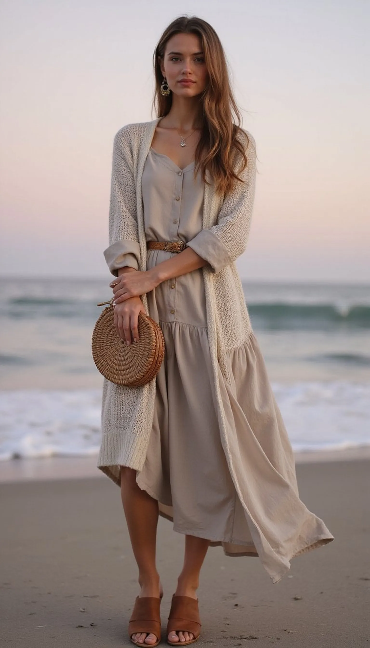 Lightweight cardigan over a maxi for evening beach walks