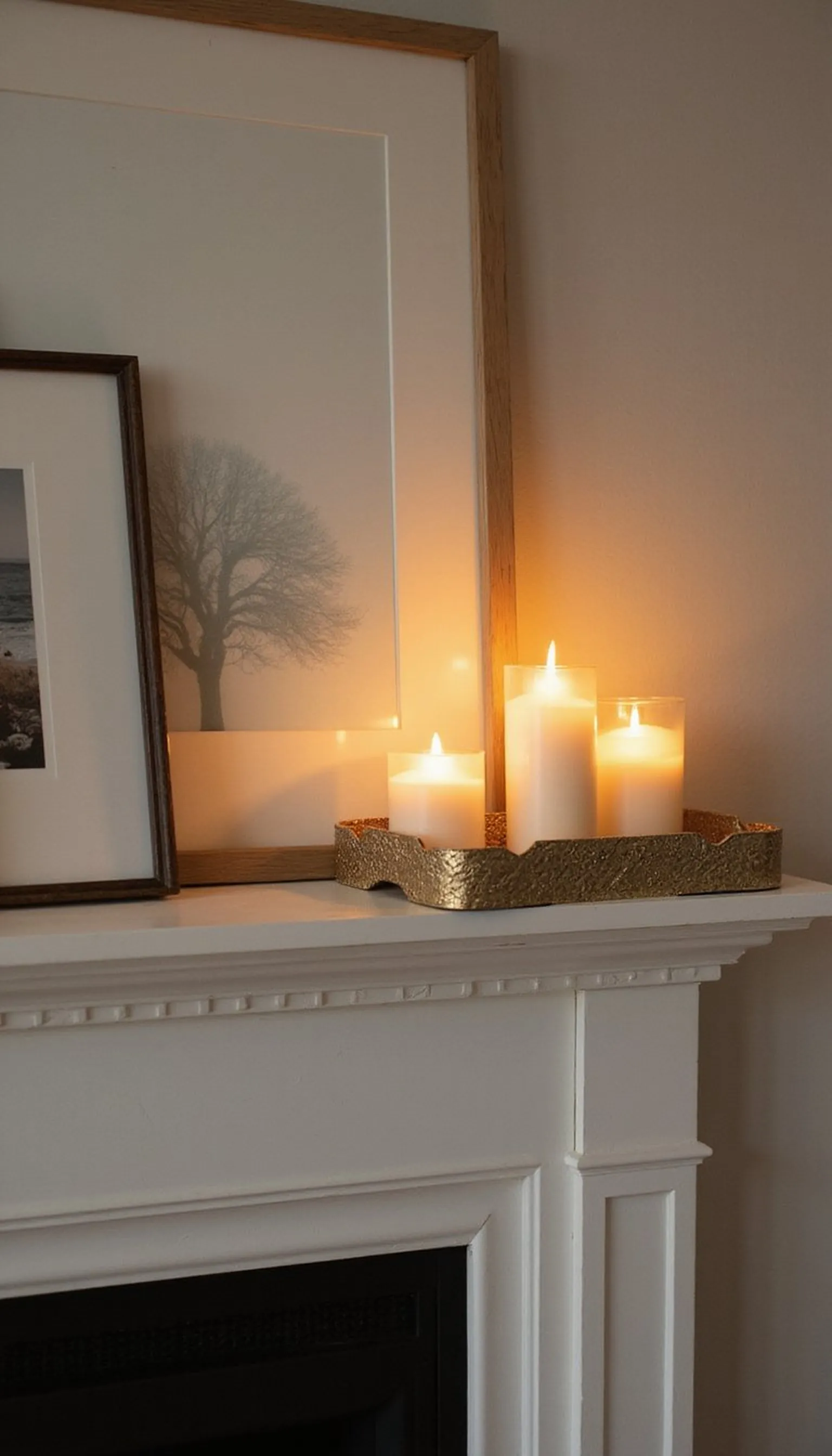 Flameless battery candles on a floating mantel
