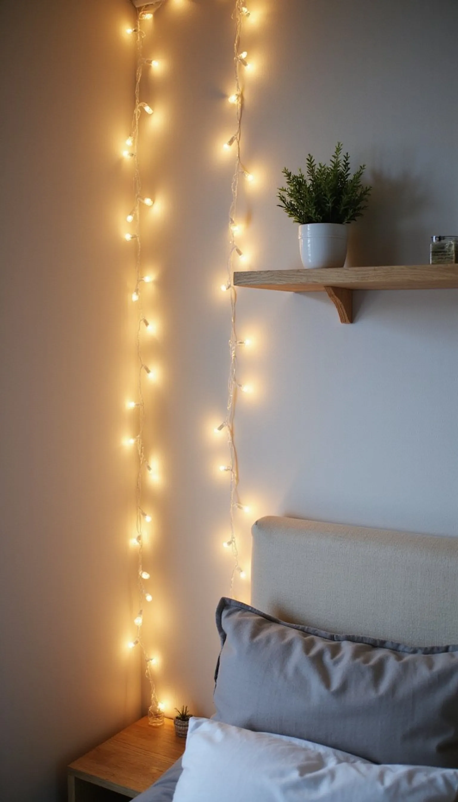 String lights on removable hooks — bedroom glow