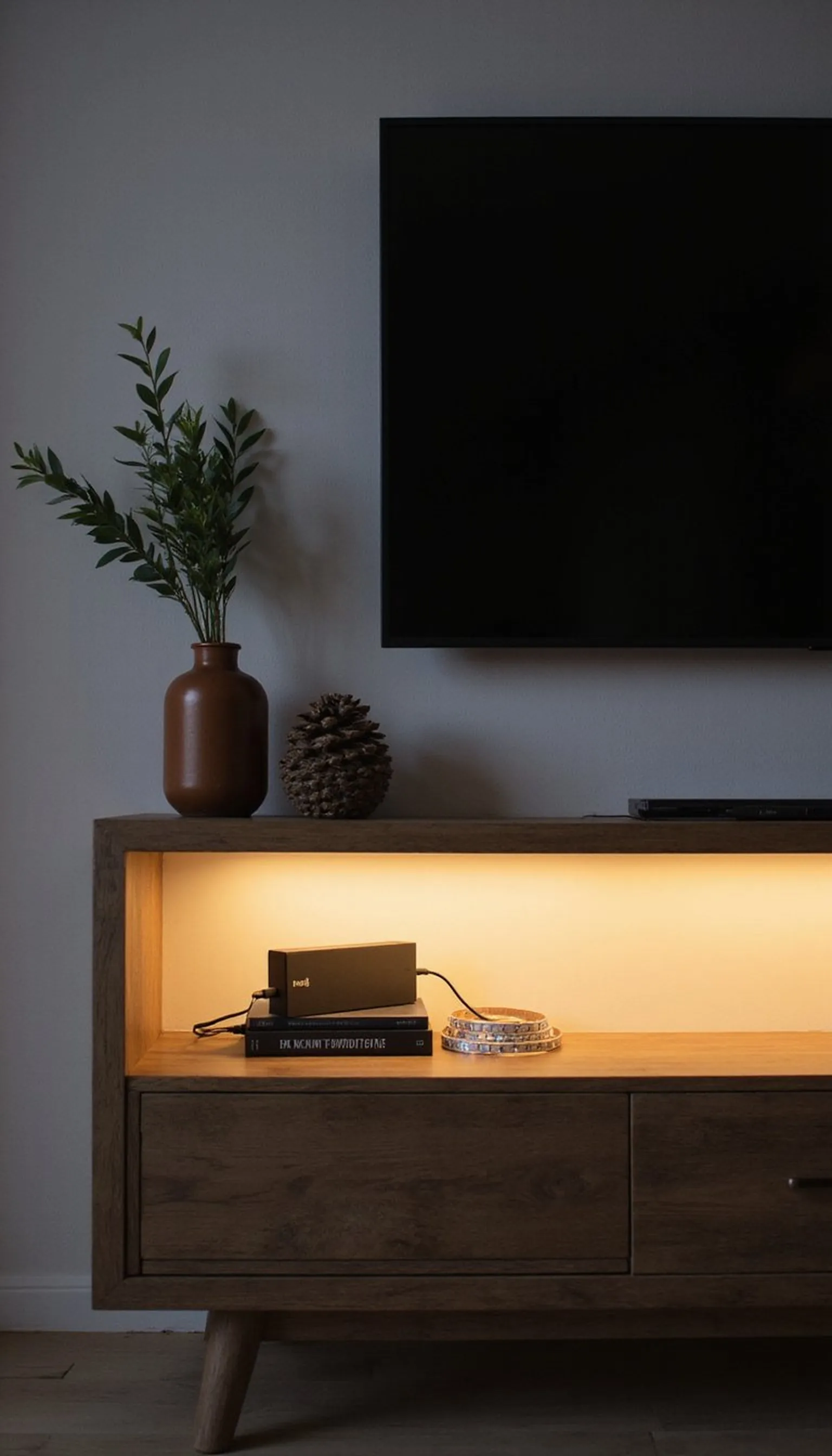 USB power bank + strip lights behind media console