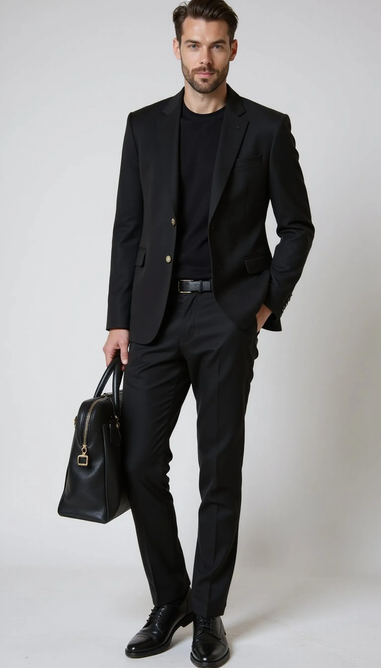 All black suit paired with black leather sneakers